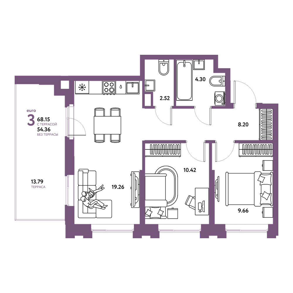 Планировка: Евротрёшка 68,15 м²