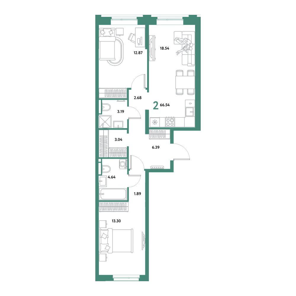 Планировка: Евродвушка 66,54 м²