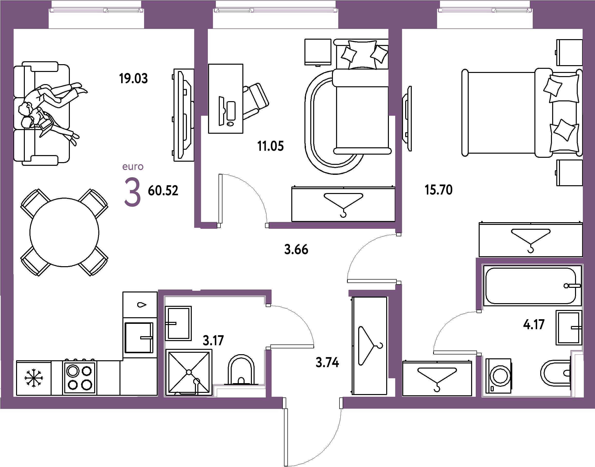 Планировка: Евротрёшка 60,52 м² в ЖК «Европейский берег 2.0»