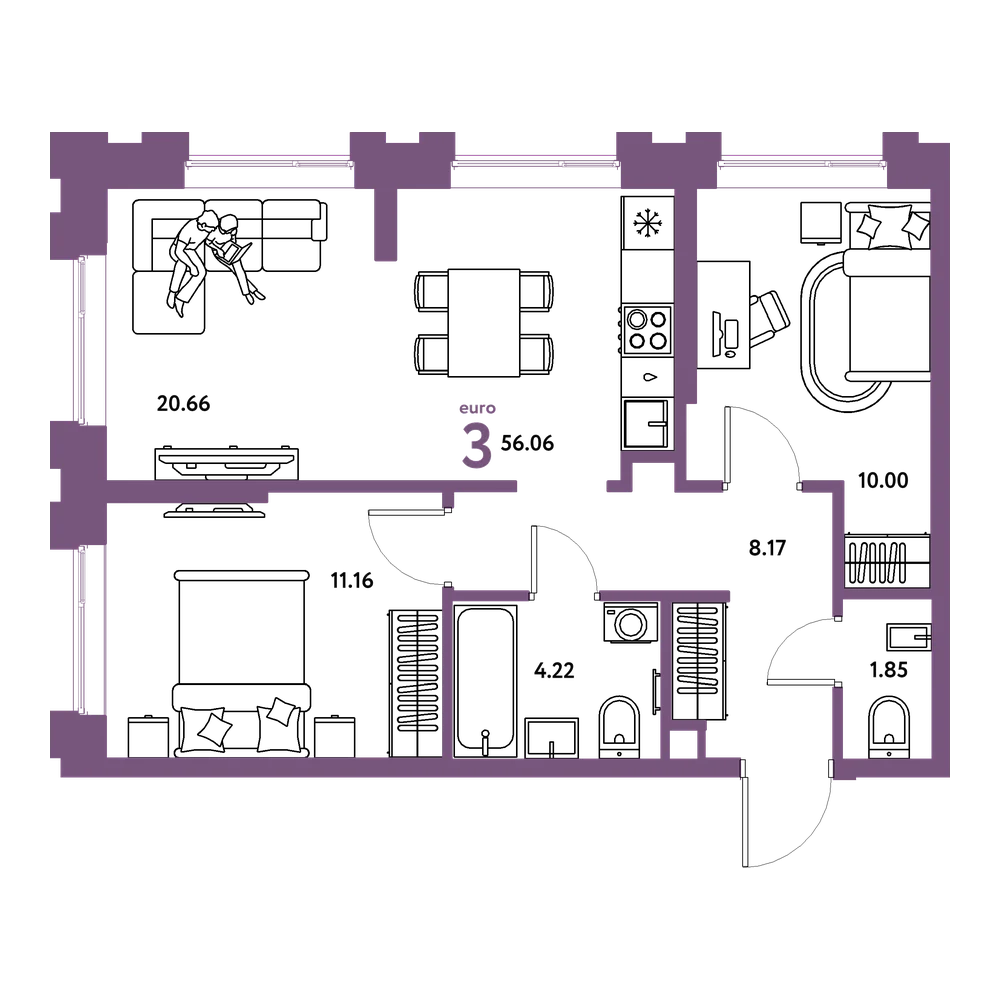 Планировка: Евротрёшка 56,06 м²