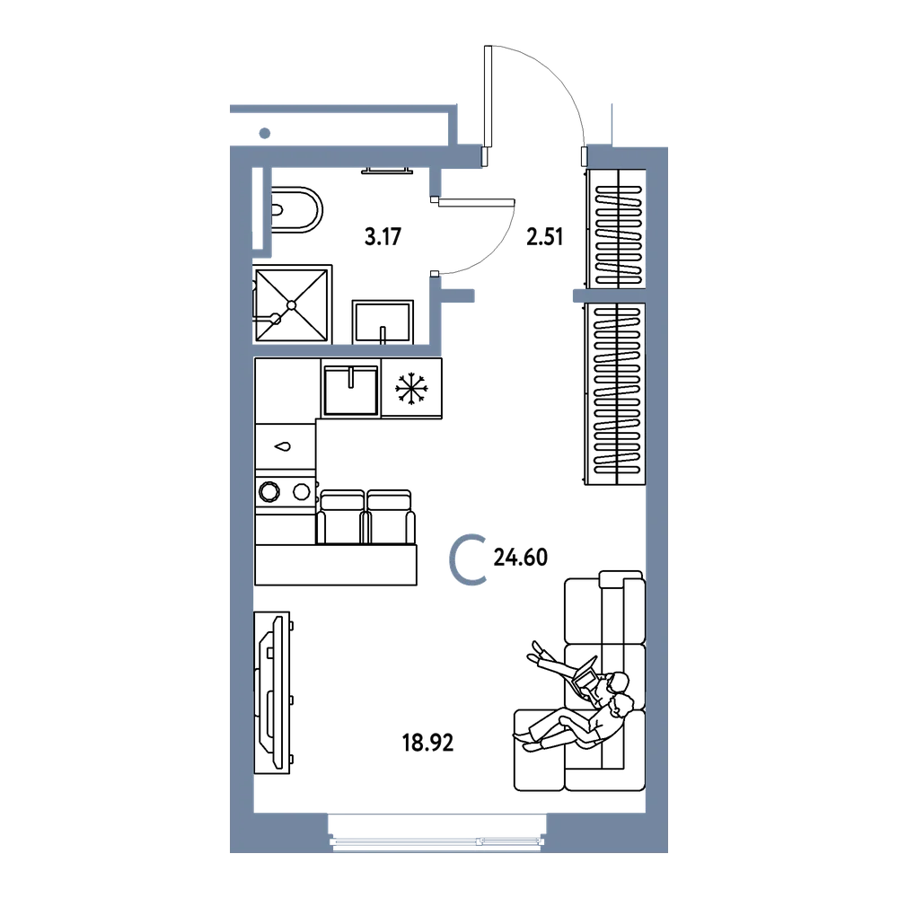Планировка: Студия 24,6 м²