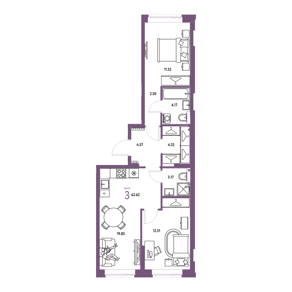 Планировка: Евротрёшка 62,62 м²