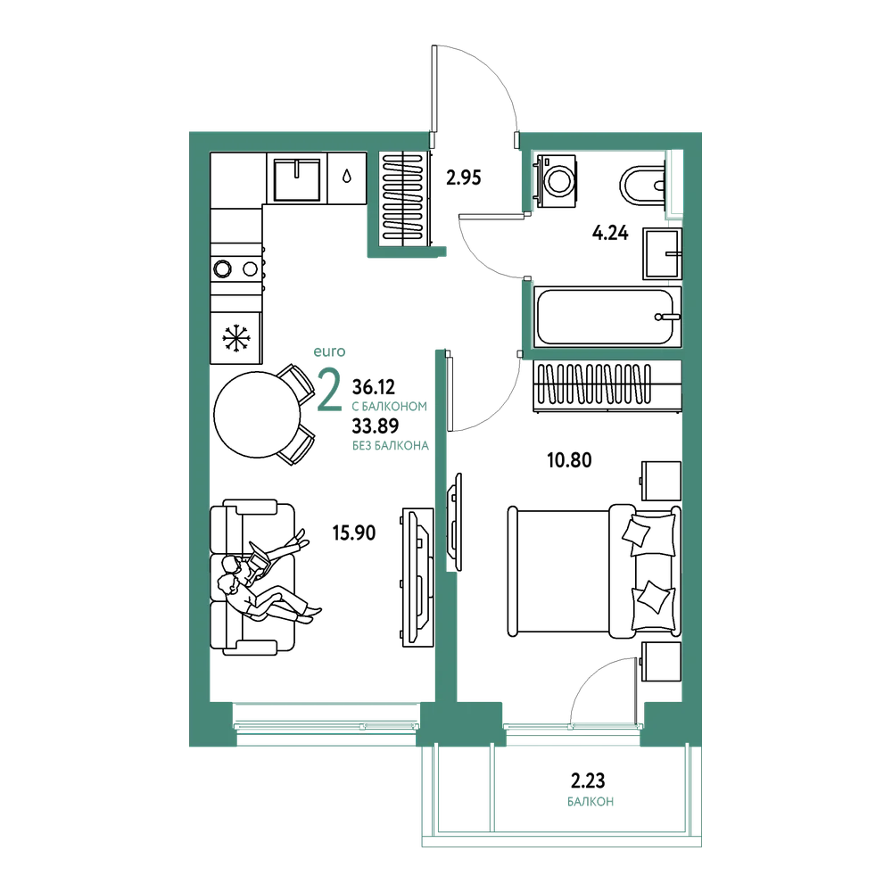 Планировка: Евродвушка 36,05 м²