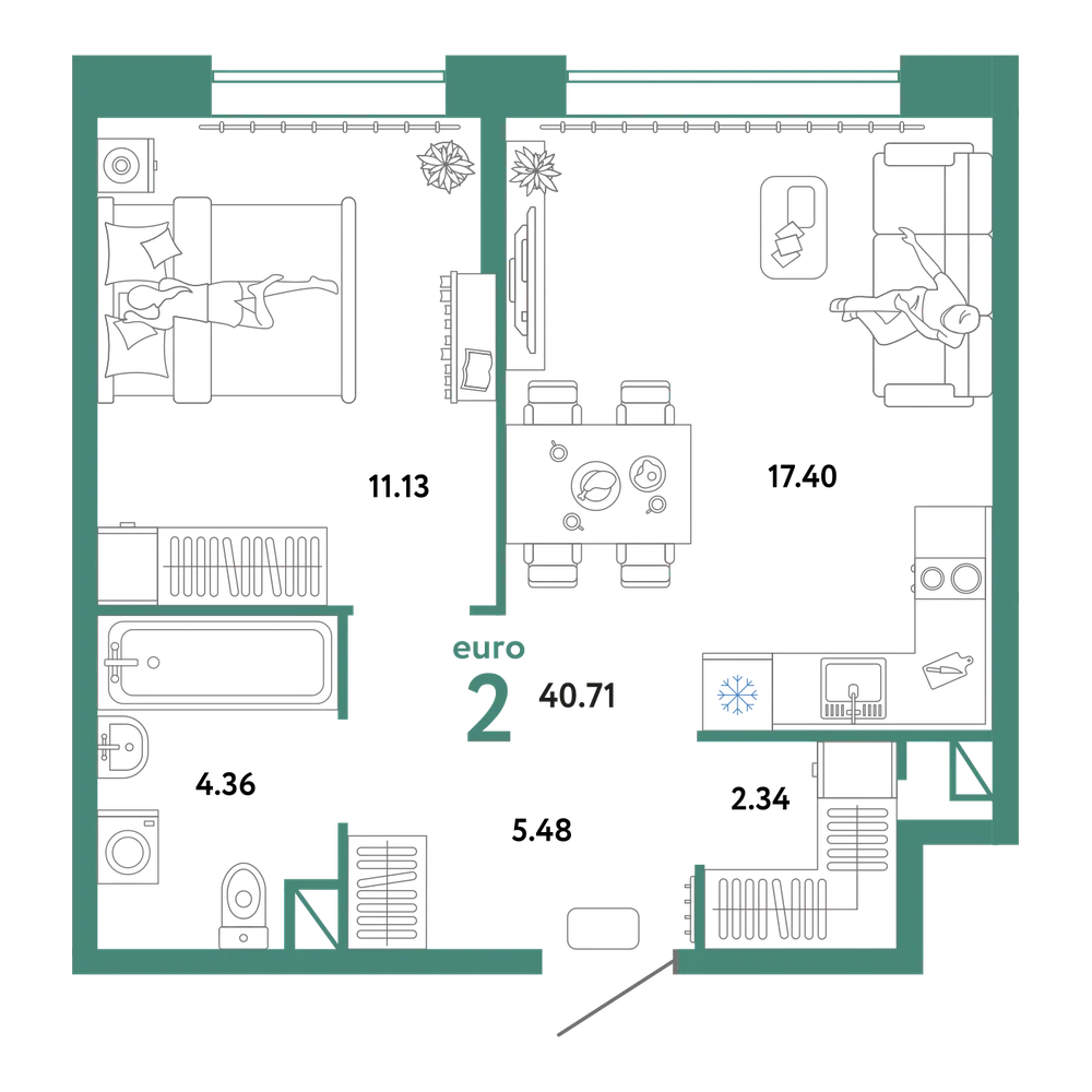 Планировка: Евродвушка 40,71 м²