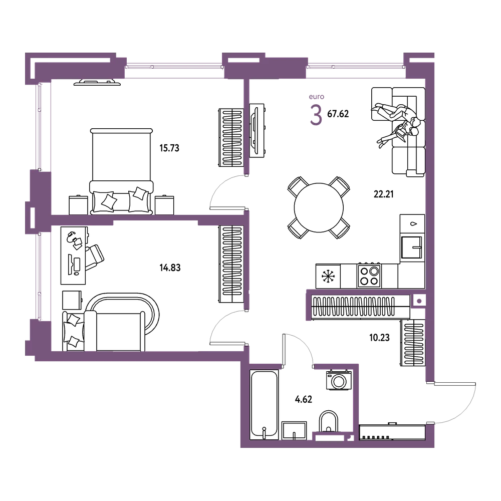 Планировка: Евротрёшка 67,62 м²