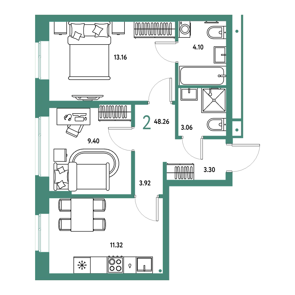 Планировка: 2-комнатная 48,26 м²