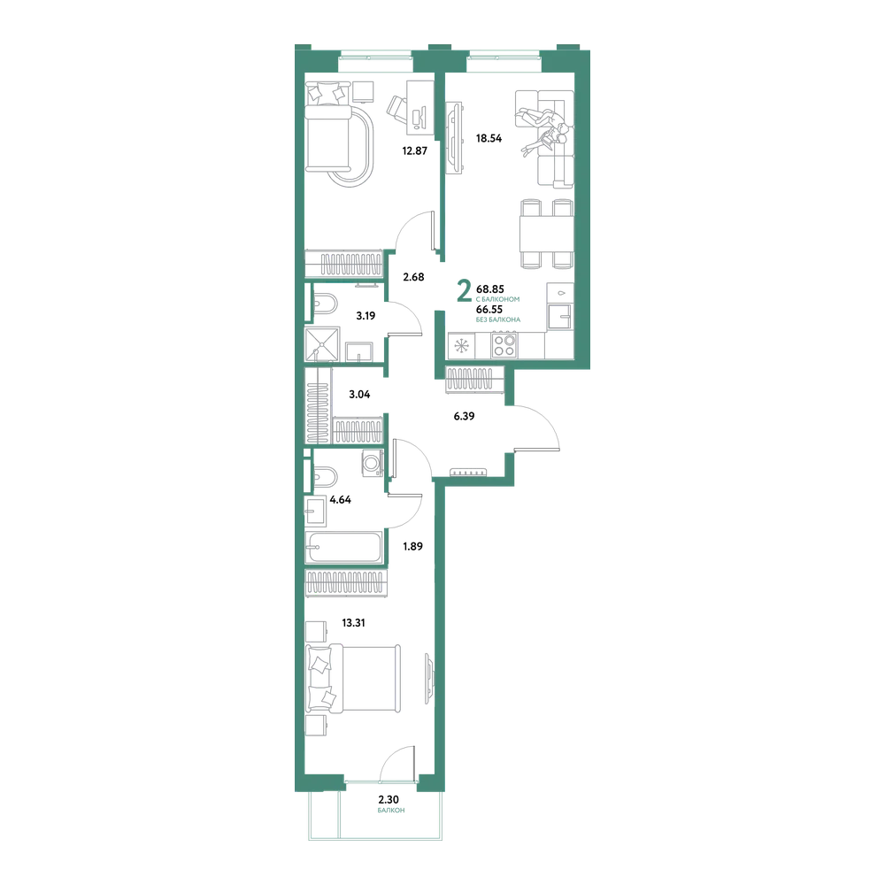Планировка: Евродвушка 68,85 м²