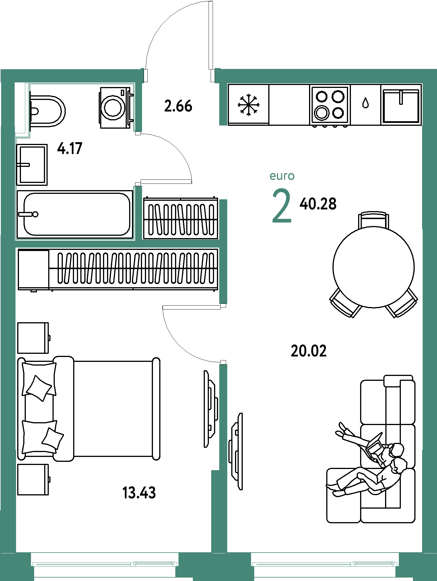 Планировка: Евродвушка 40,28 м² в ЖК «Домашний»
