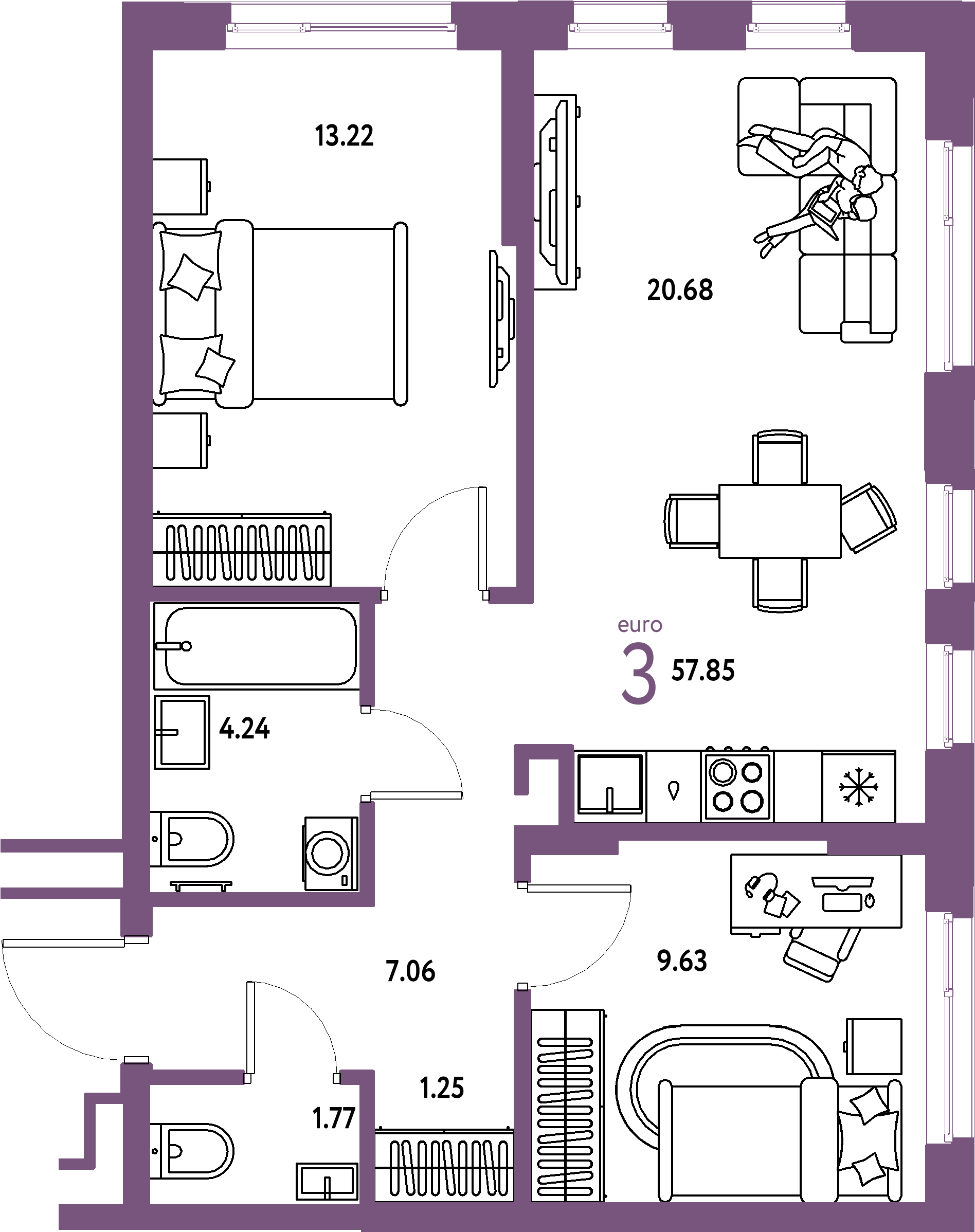 Планировка: Евротрёшка 57,85 м² в ЖК «Домашний»