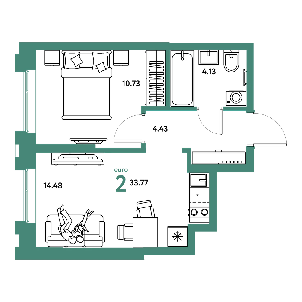 Планировка: Евродвушка 33,77 м²