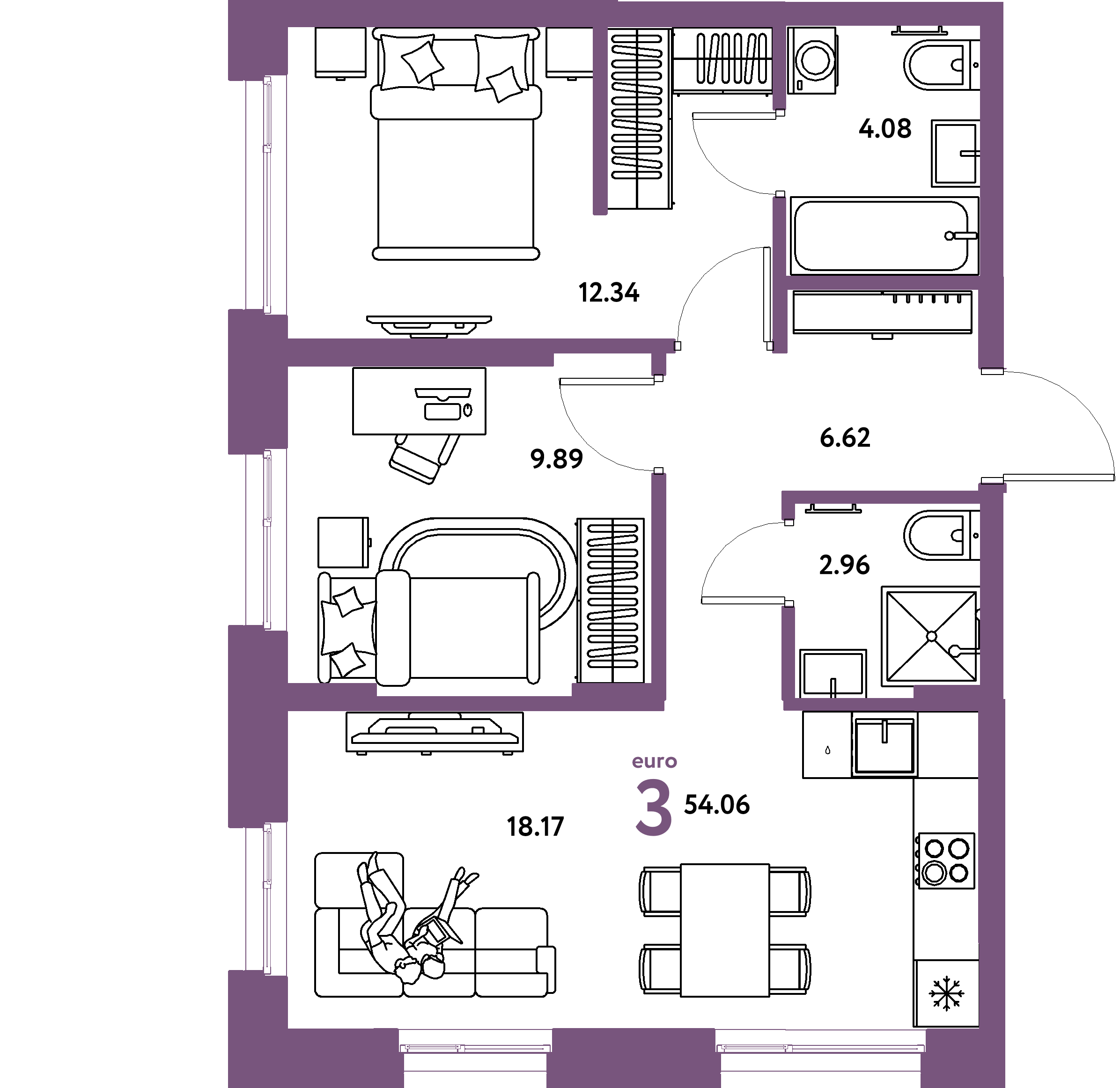 Планировка: Евротрёшка 54,06 м² в ЖК «Европейский берег 2.0»