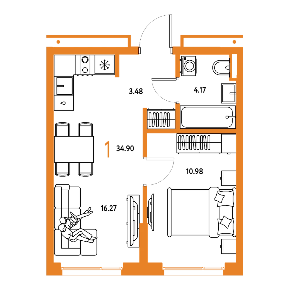 Планировка: 1-комнатная 34,9 м²