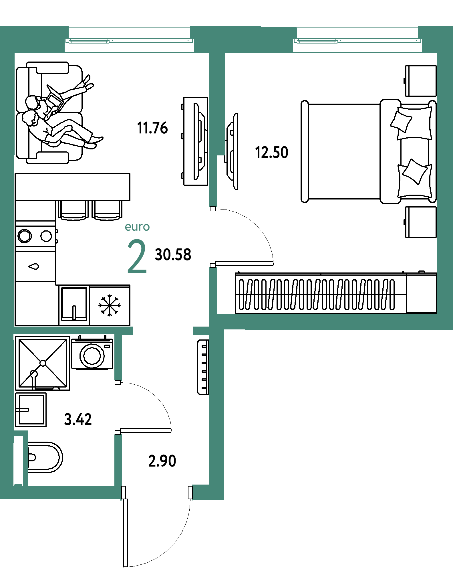 Планировка: Евродвушка 30,58 м² в ЖК «Остров-сад»