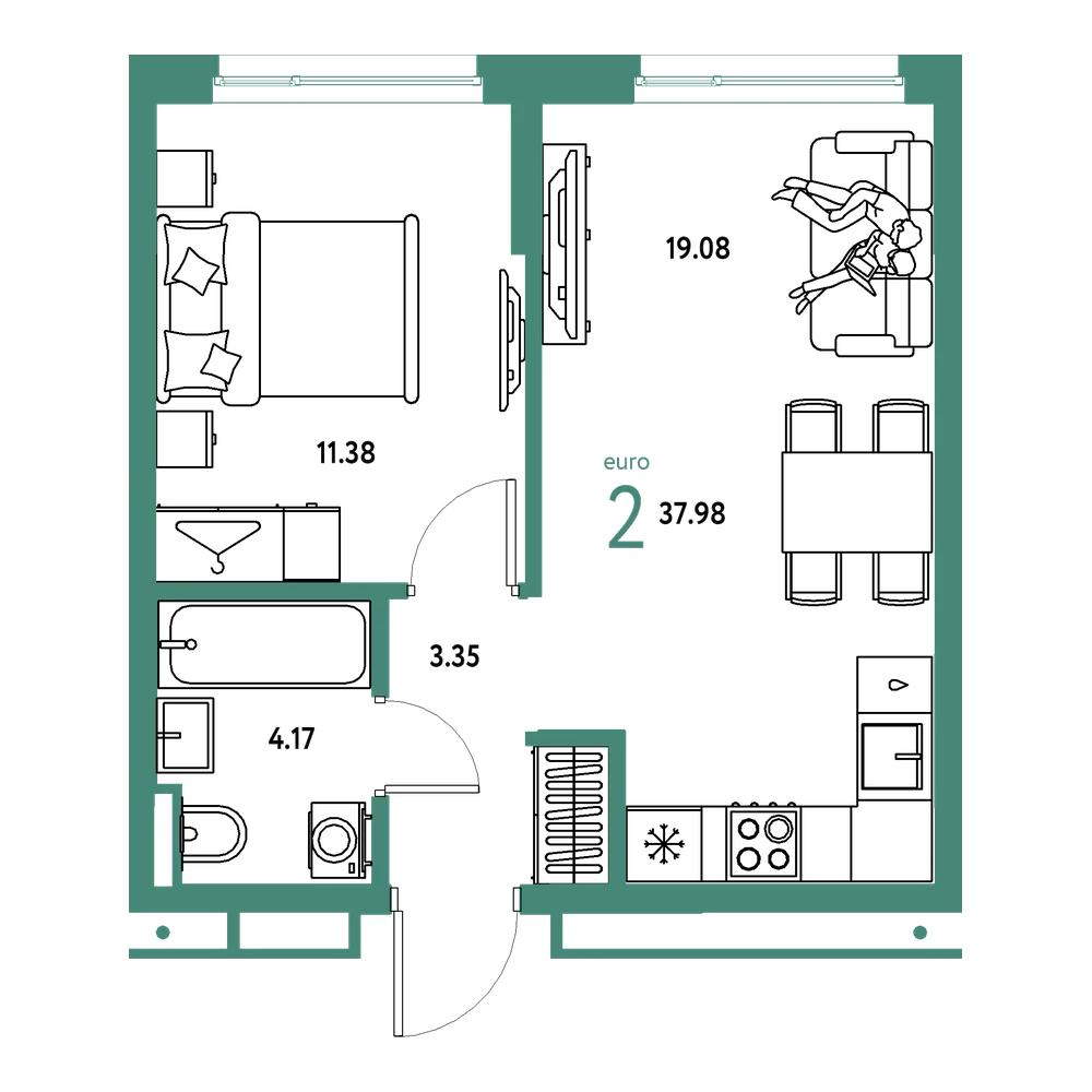 Планировка: Евродвушка 37,98 м²