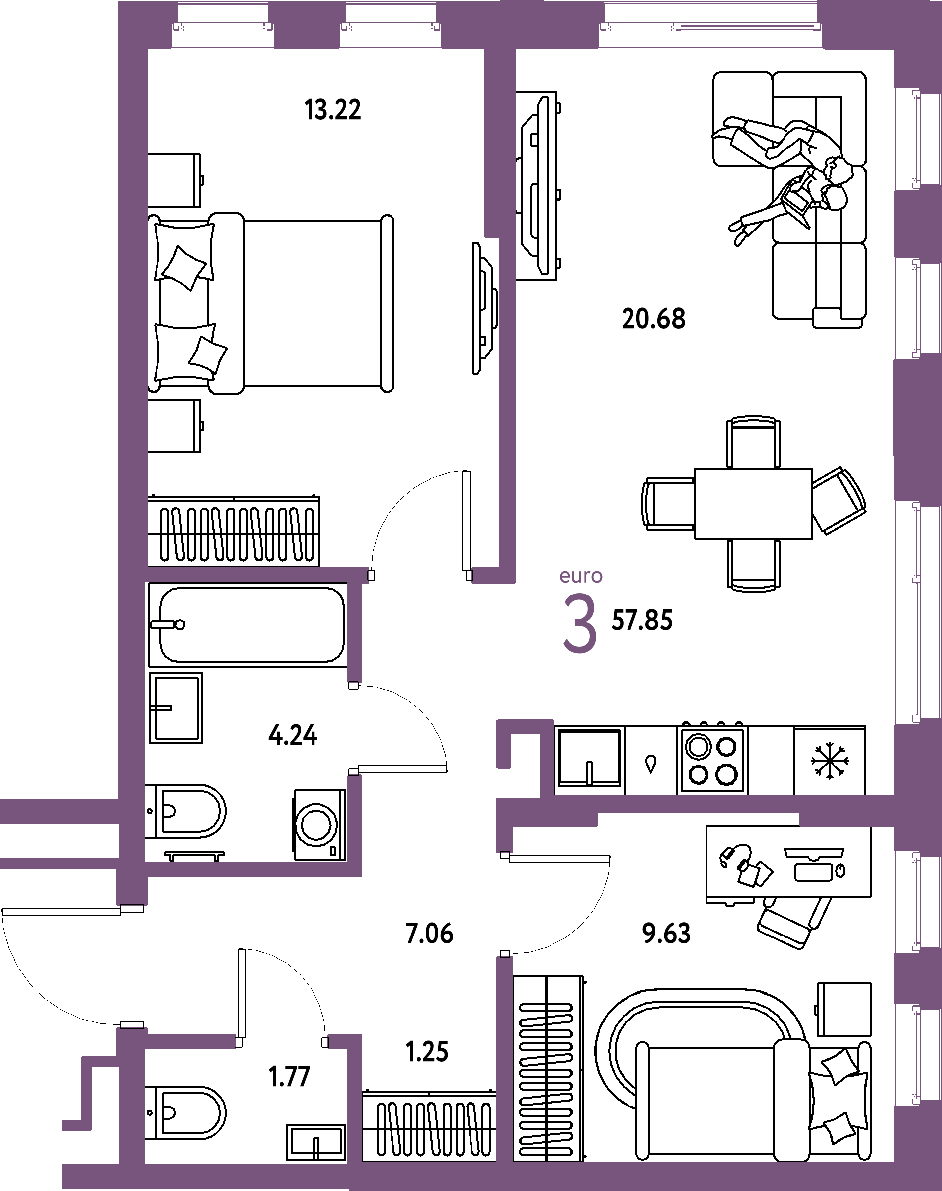 Планировка: Евротрёшка 57,85 м² в ЖК «Домашний»