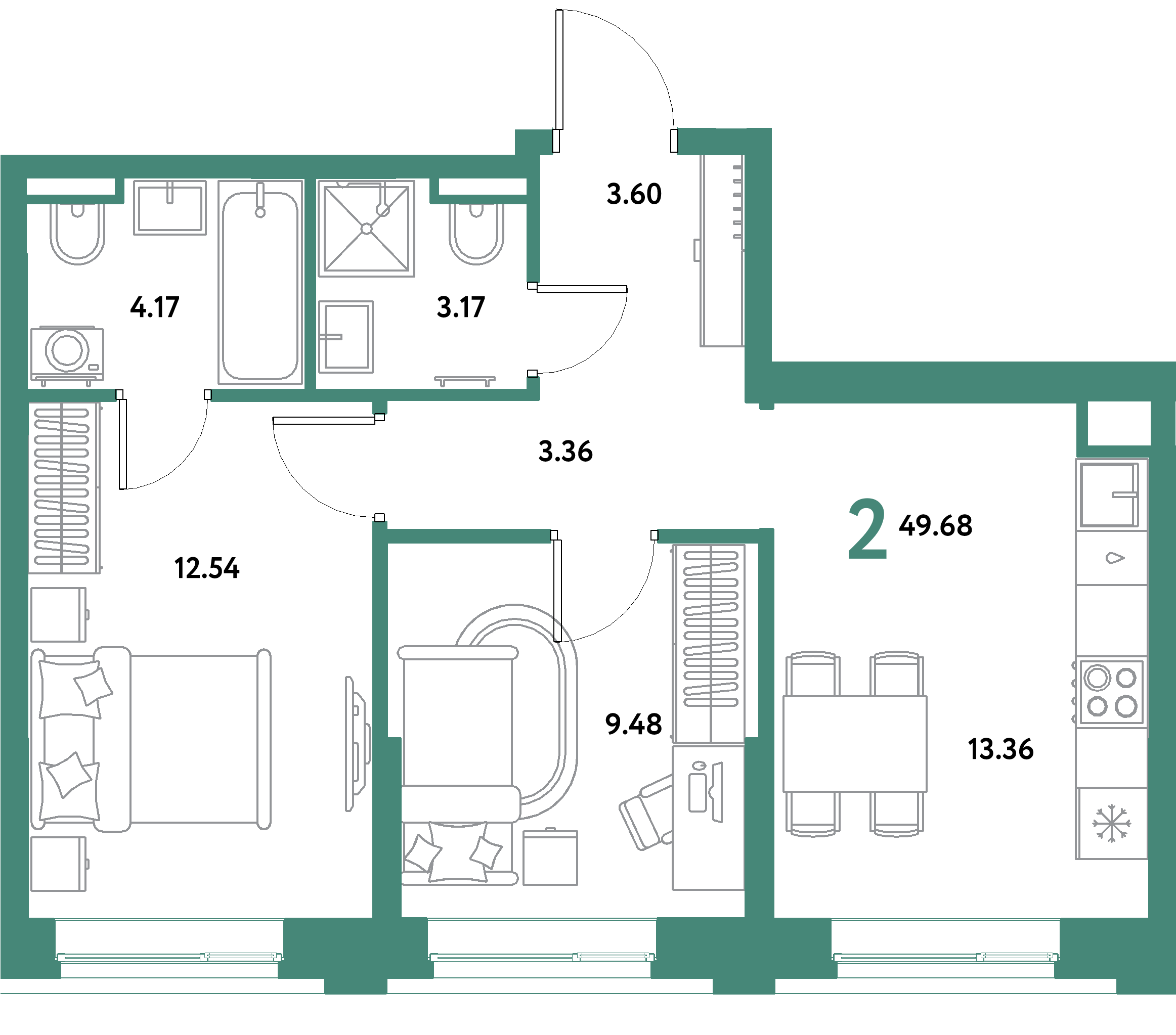 Планировка: 2-комнатная 49,68 м² в ЖК «Остров-сад»