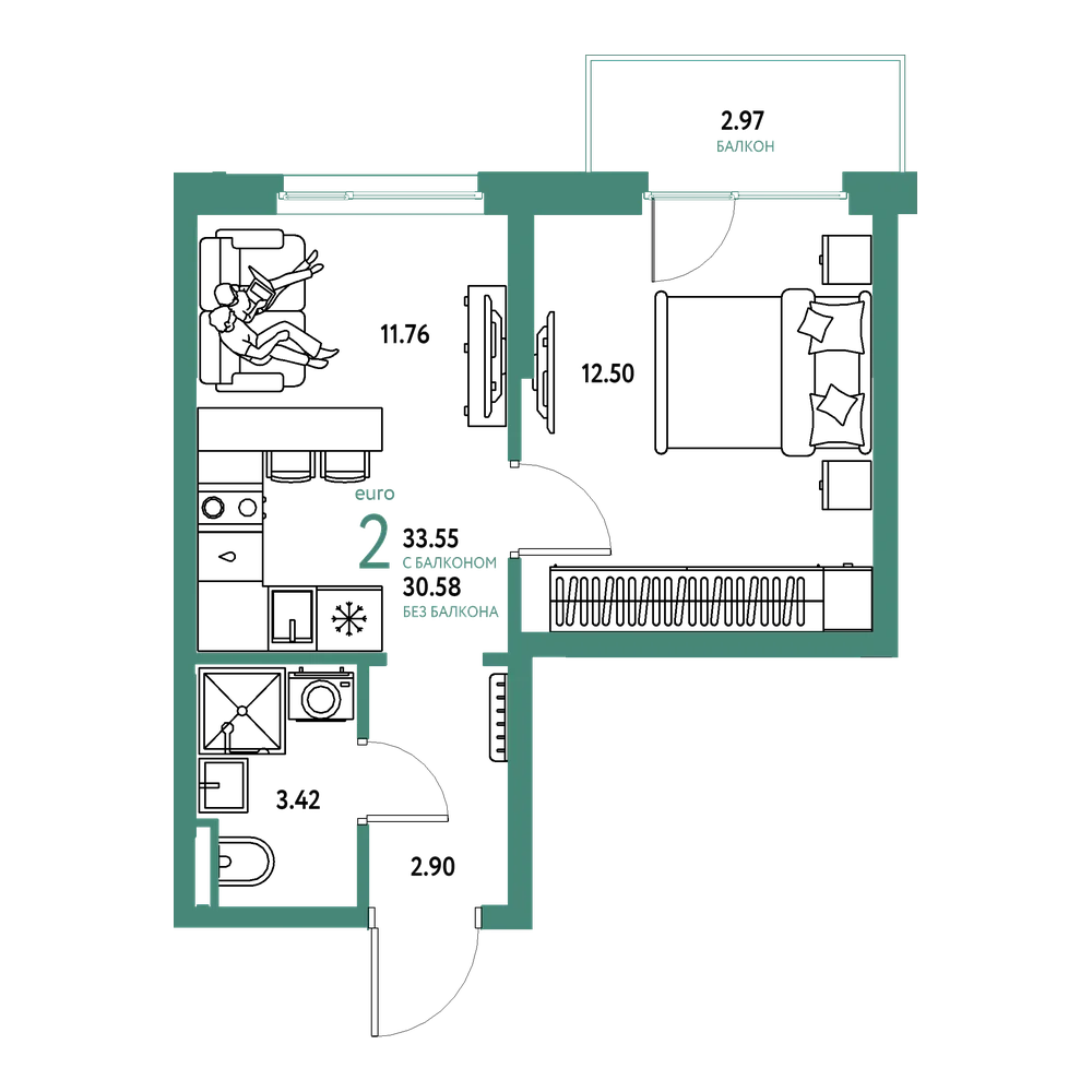 Планировка: Евродвушка 33,55 м²