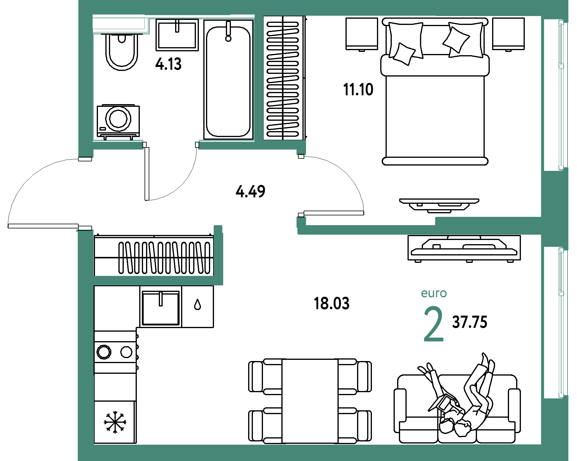 Планировка: Евродвушка 37,75 м² в ЖК «Остров-сад»