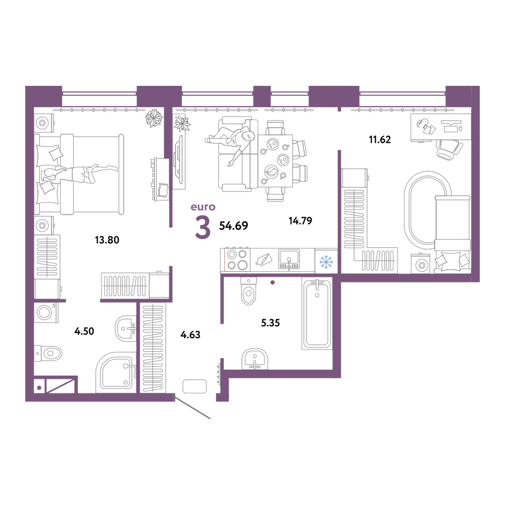 Планировка: Евротрёшка 54,69 м²