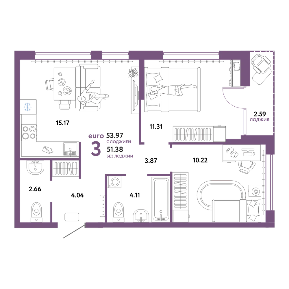 Планировка: Евротрёшка 54,01 м²