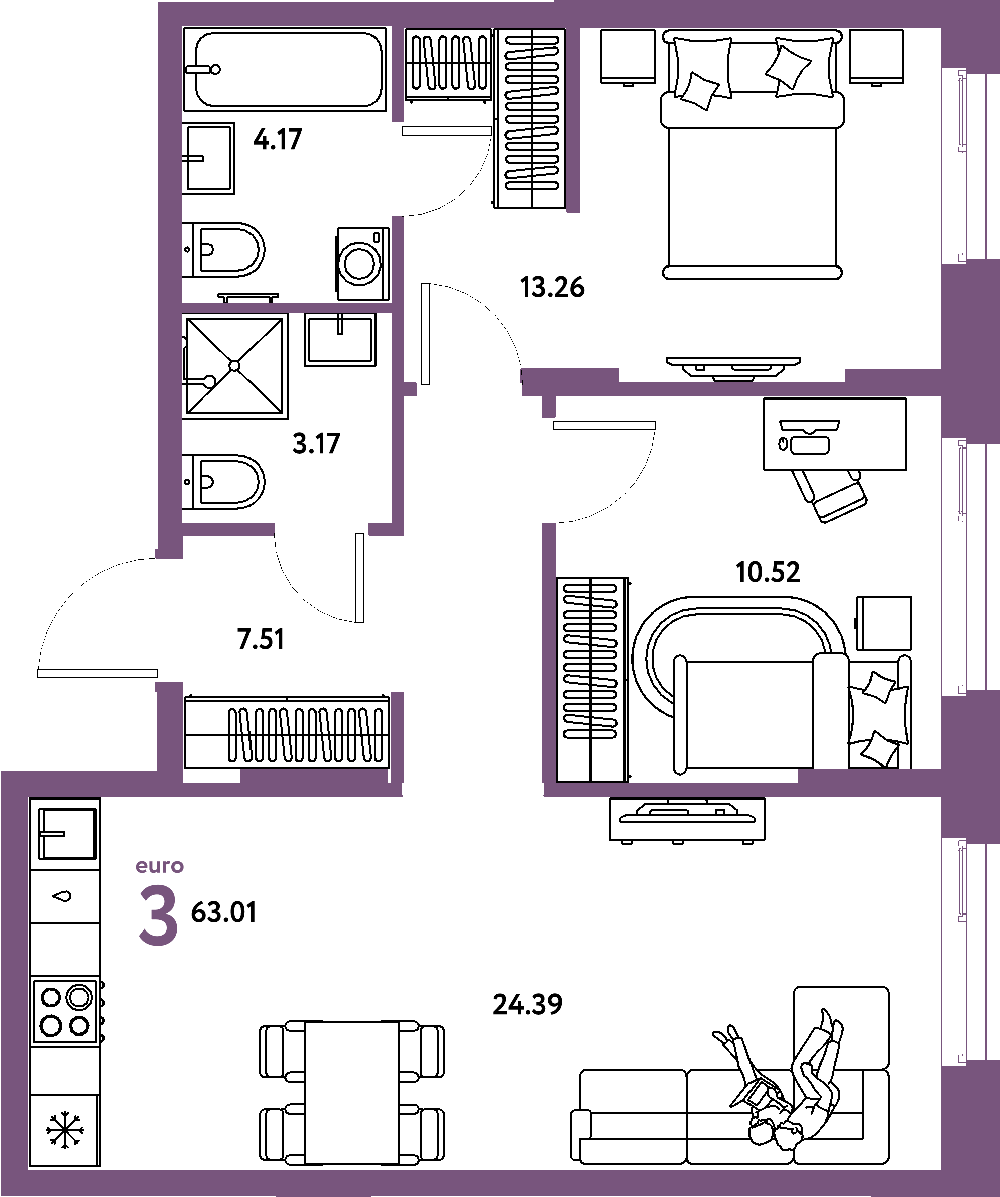 Планировка: Евротрёшка 63,01 м² в ЖК «Европейский берег 2.0»