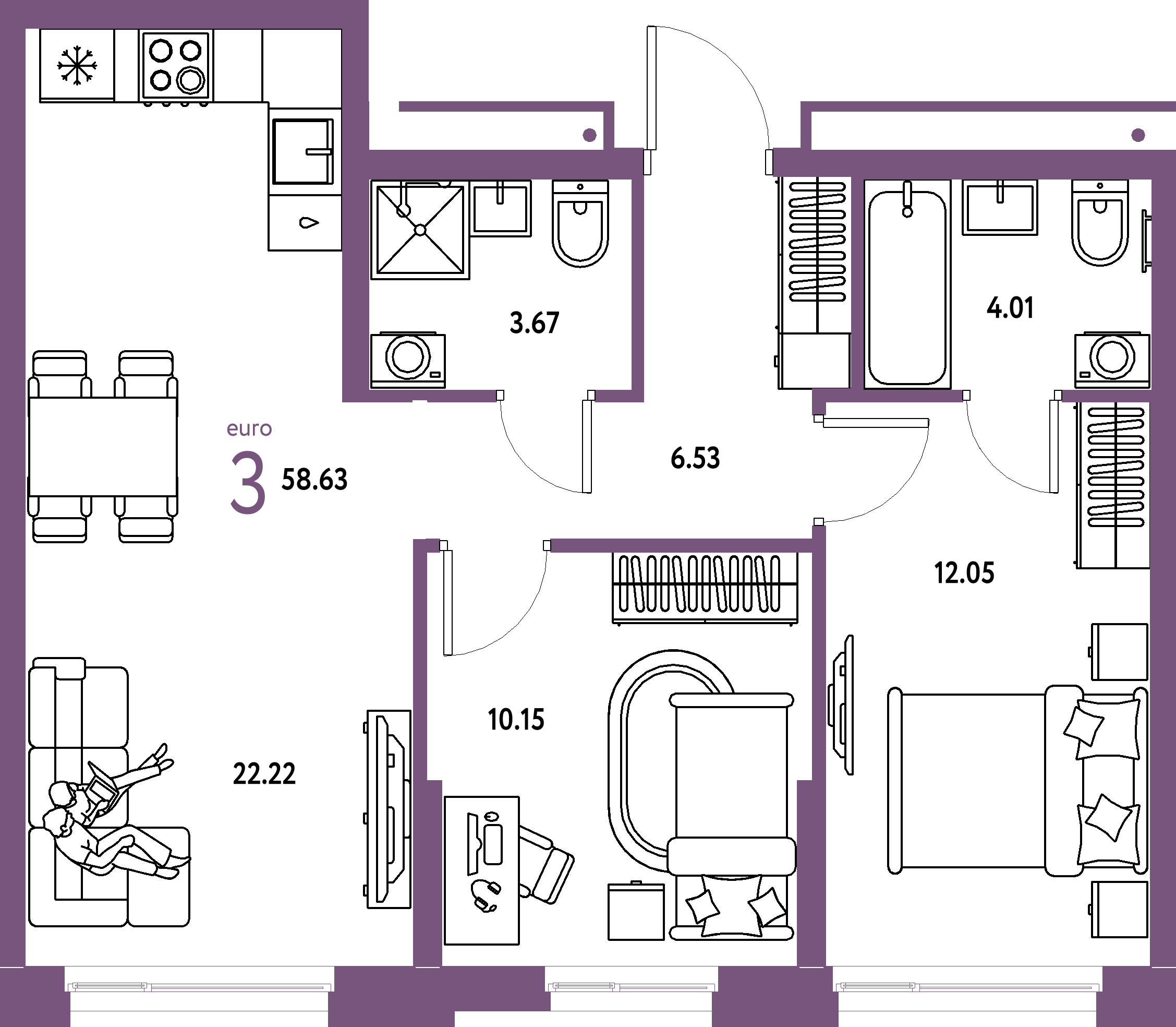 Планировка: Евротрёшка 58,63 м² в ЖК «Домашний»