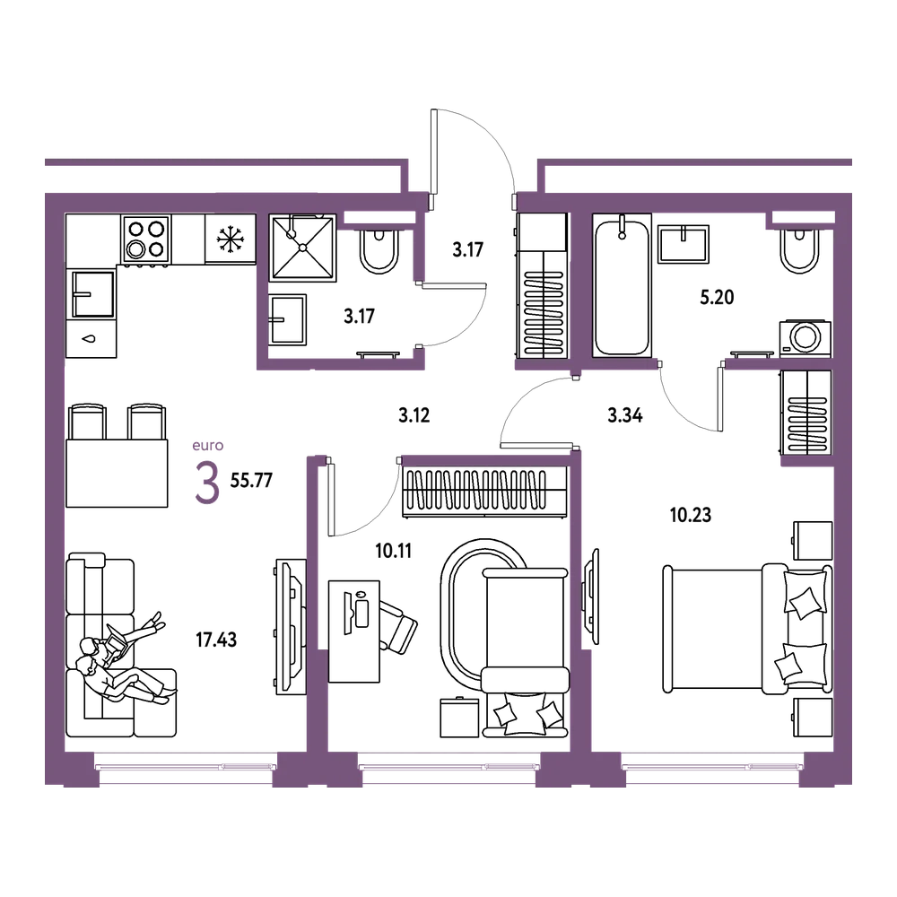 Планировка: Евротрёшка 55,77 м²