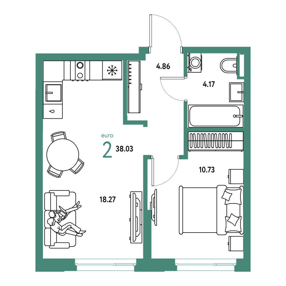 Планировка: Евродвушка 38,03 м²