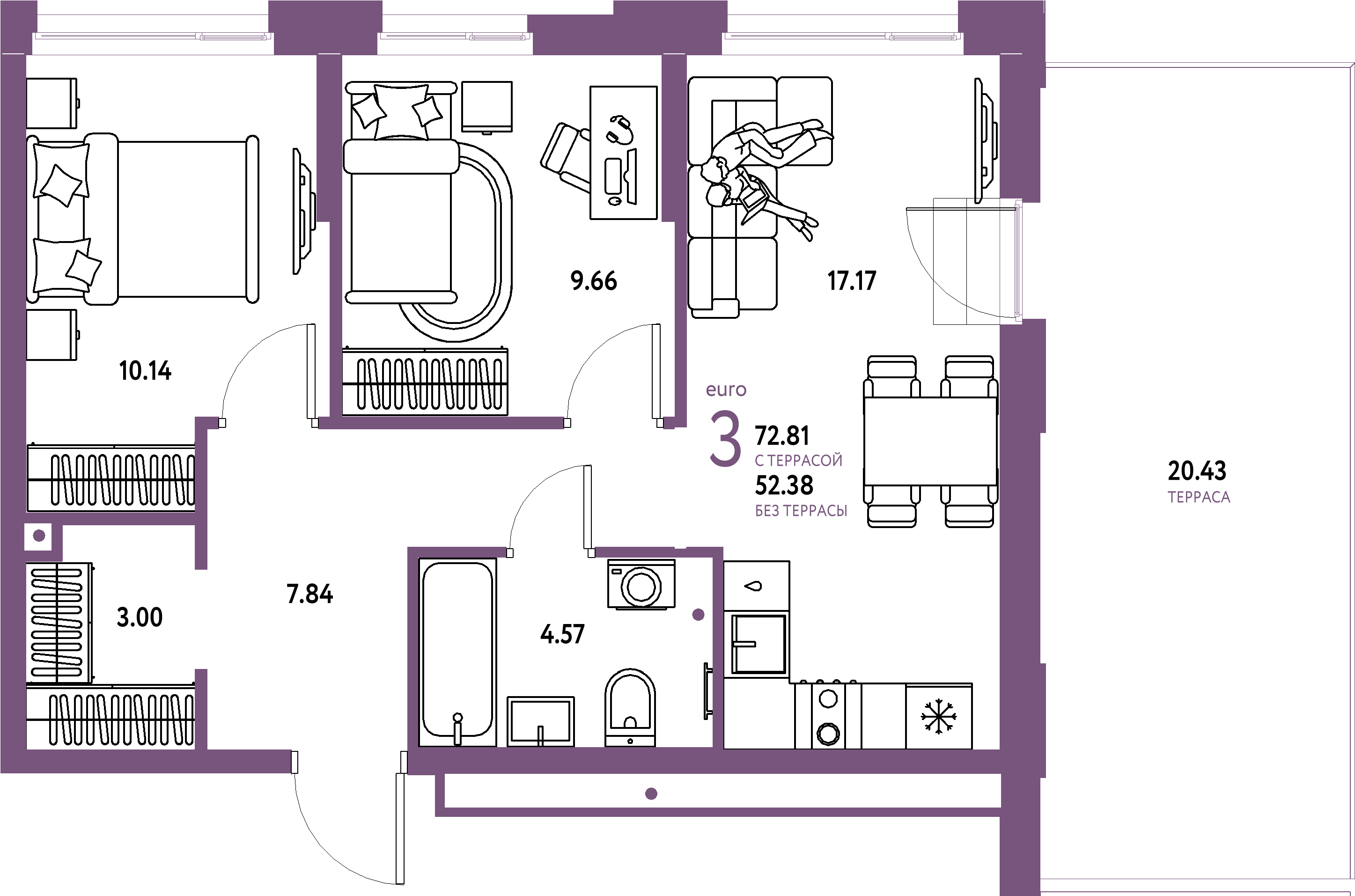 Планировка: Евротрёшка 72,81 м² в ЖК «Домашний»