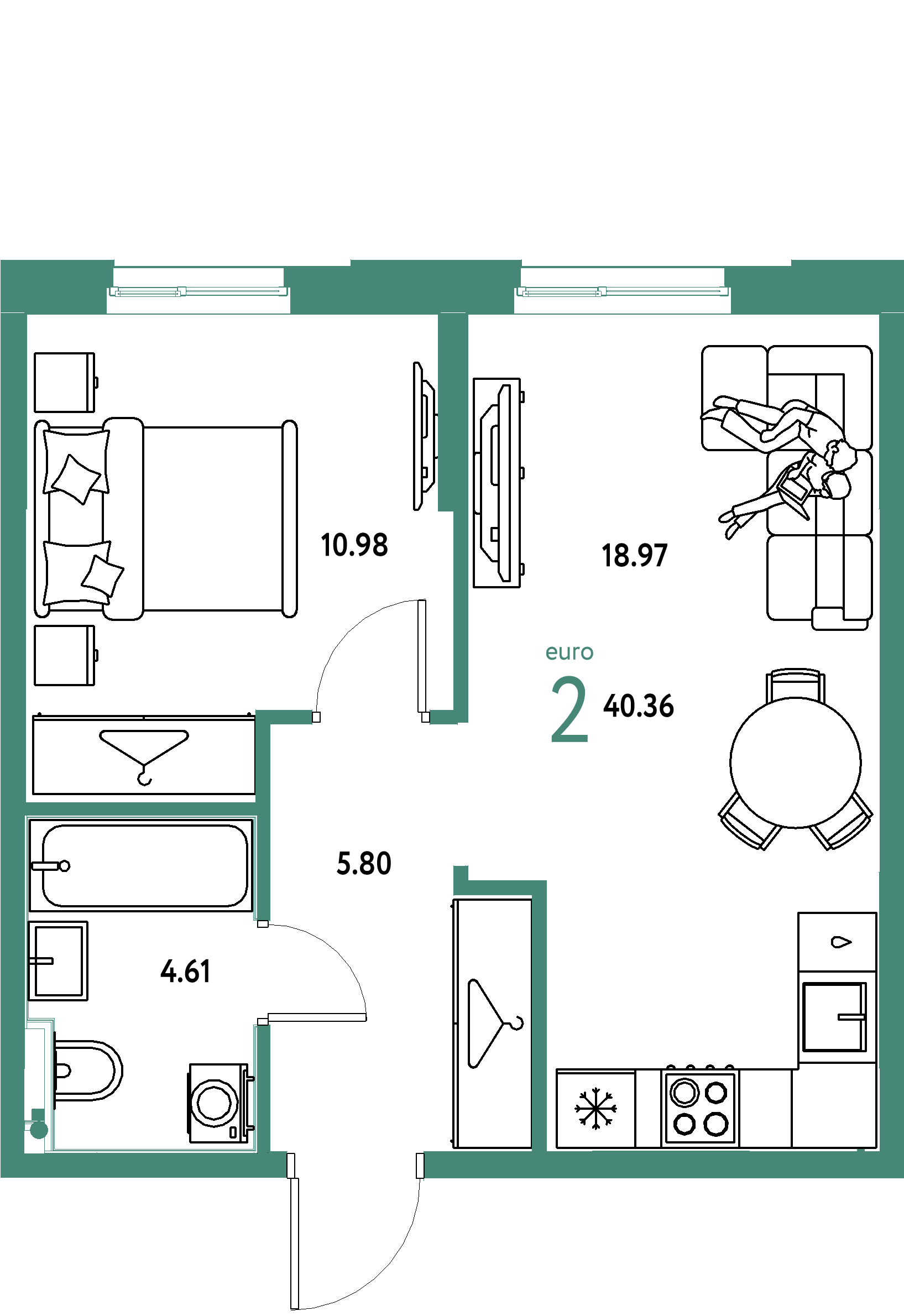Планировка: Евродвушка 40,36 м² в ЖК «Европейский берег 2.0»