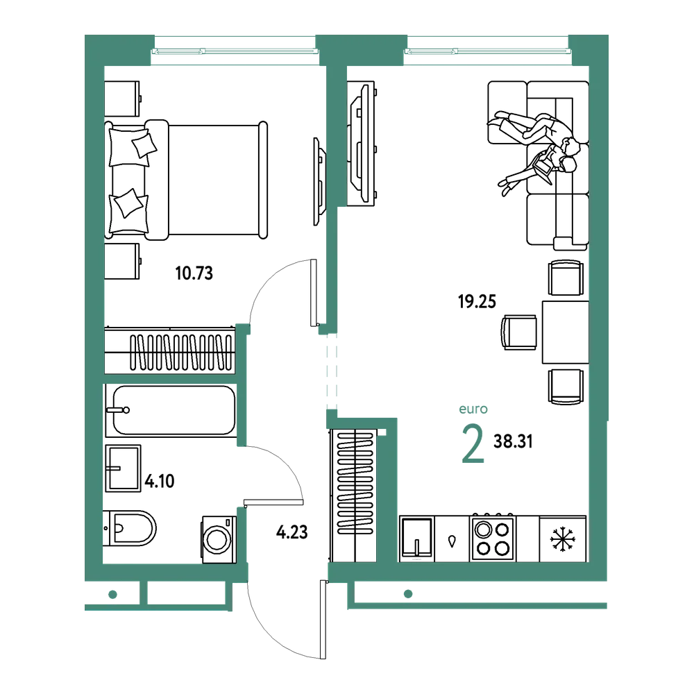 Планировка: Евродвушка 38,31 м²
