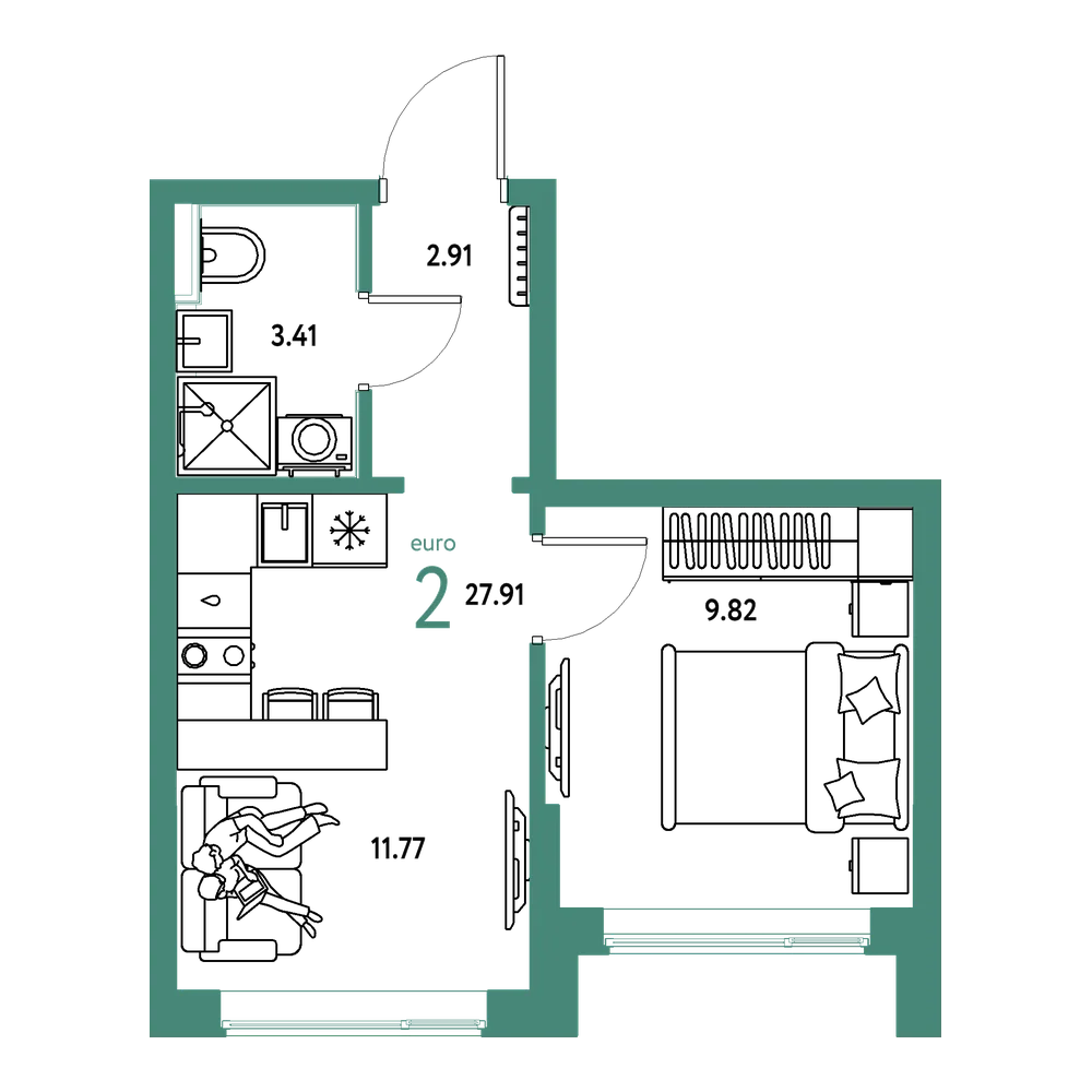 Планировка: Евродвушка 27,91 м²