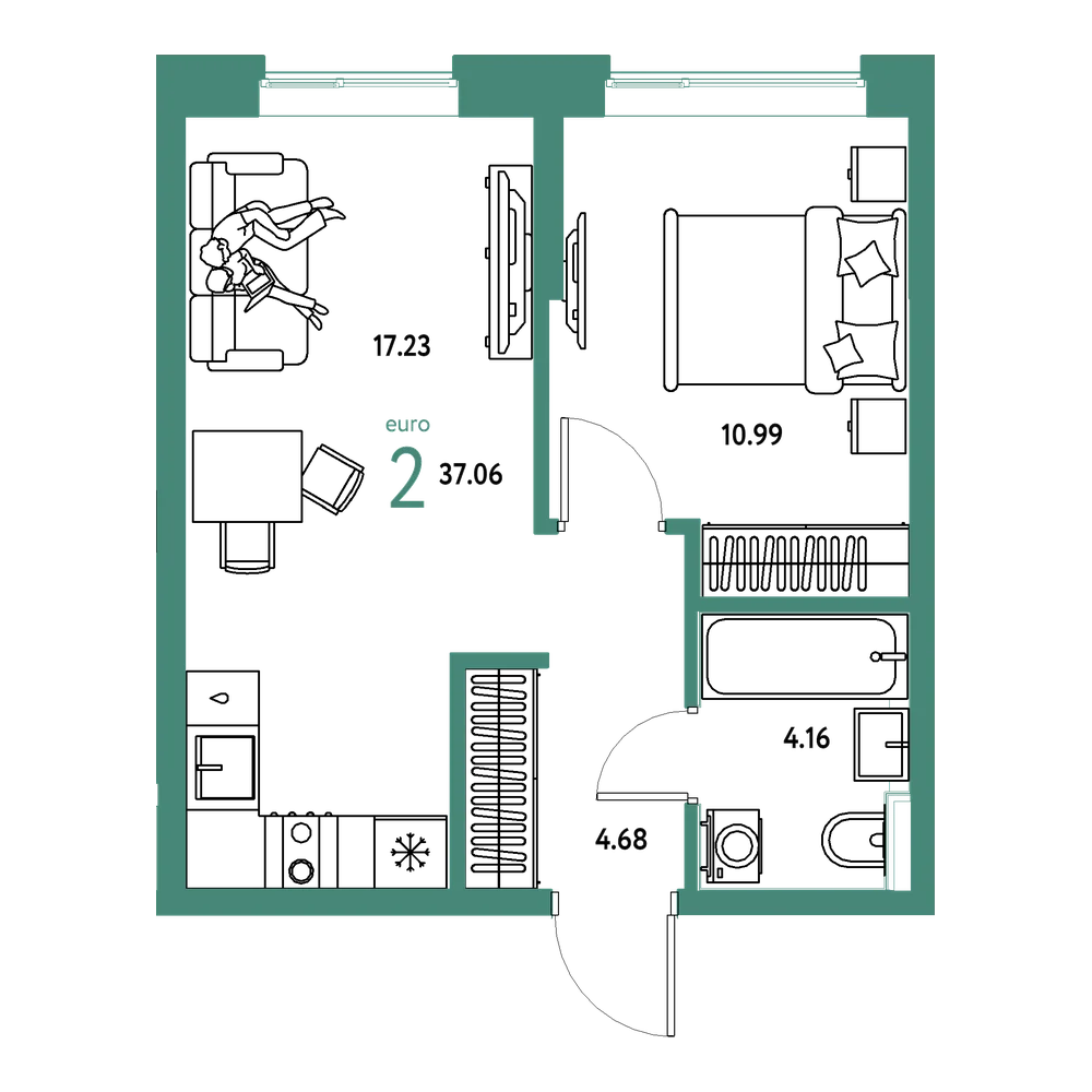 Планировка: Евродвушка 37,06 м²