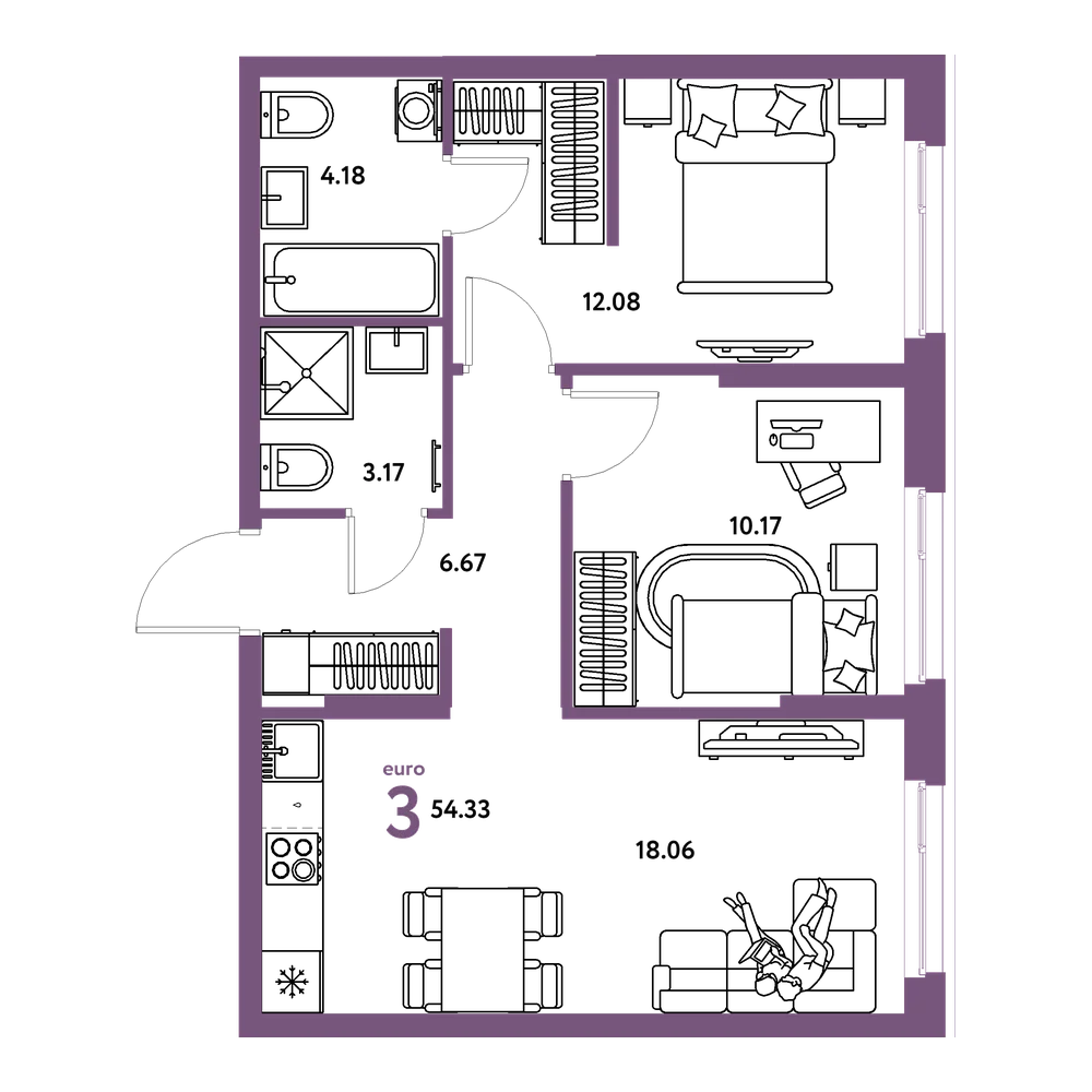Планировка: Евротрёшка 54,33 м²