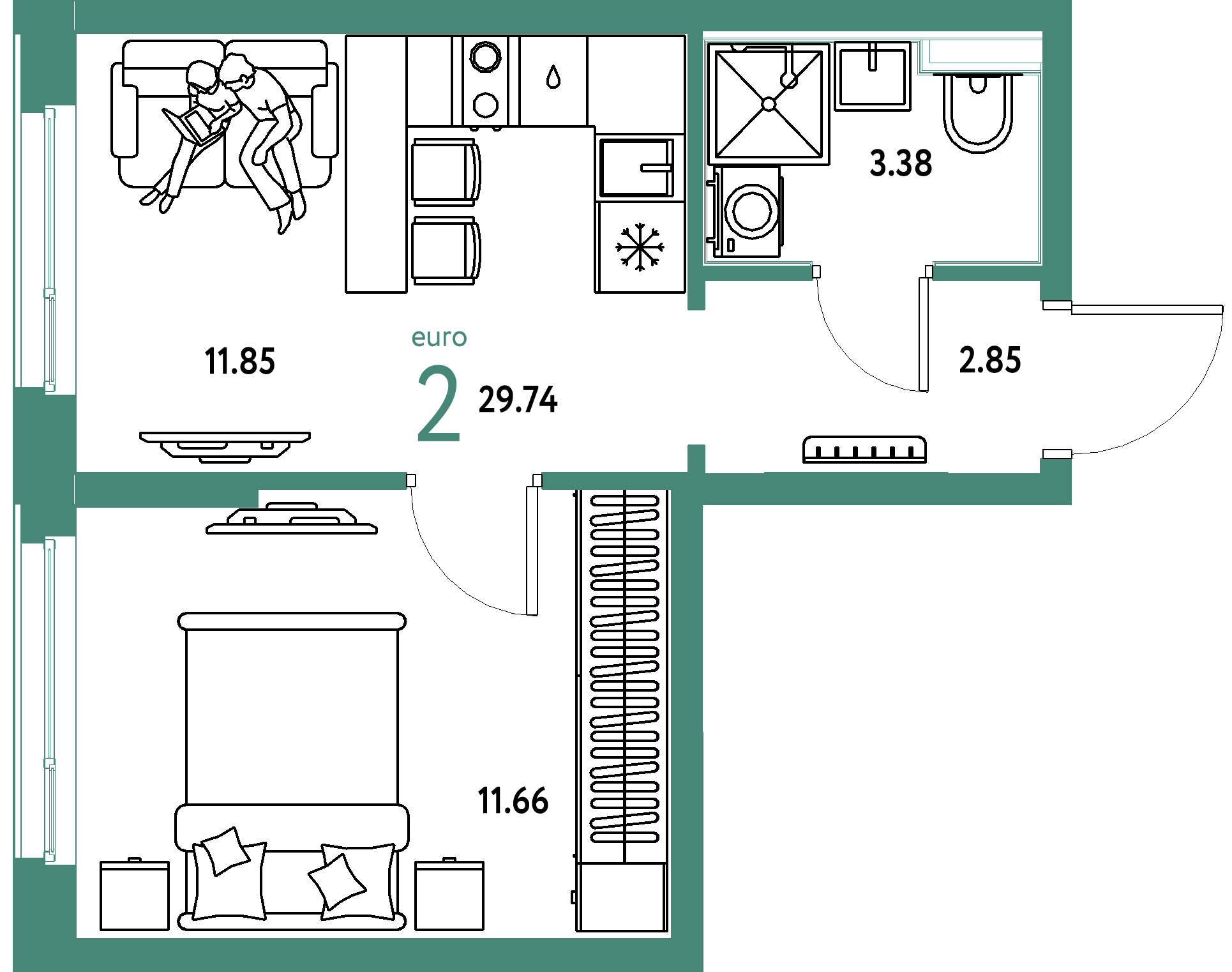 Планировка: Евродвушка 29,74 м² в ЖК «Сердце Сибири»