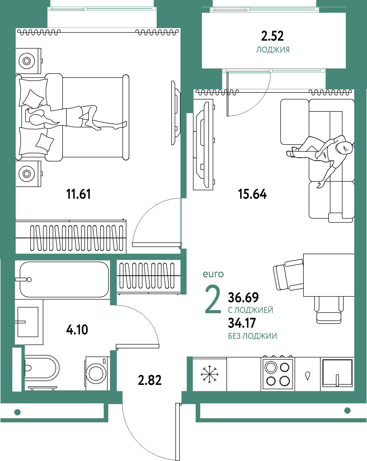 Планировка: Евродвушка 36,69 м² в ЖК «Домашний»
