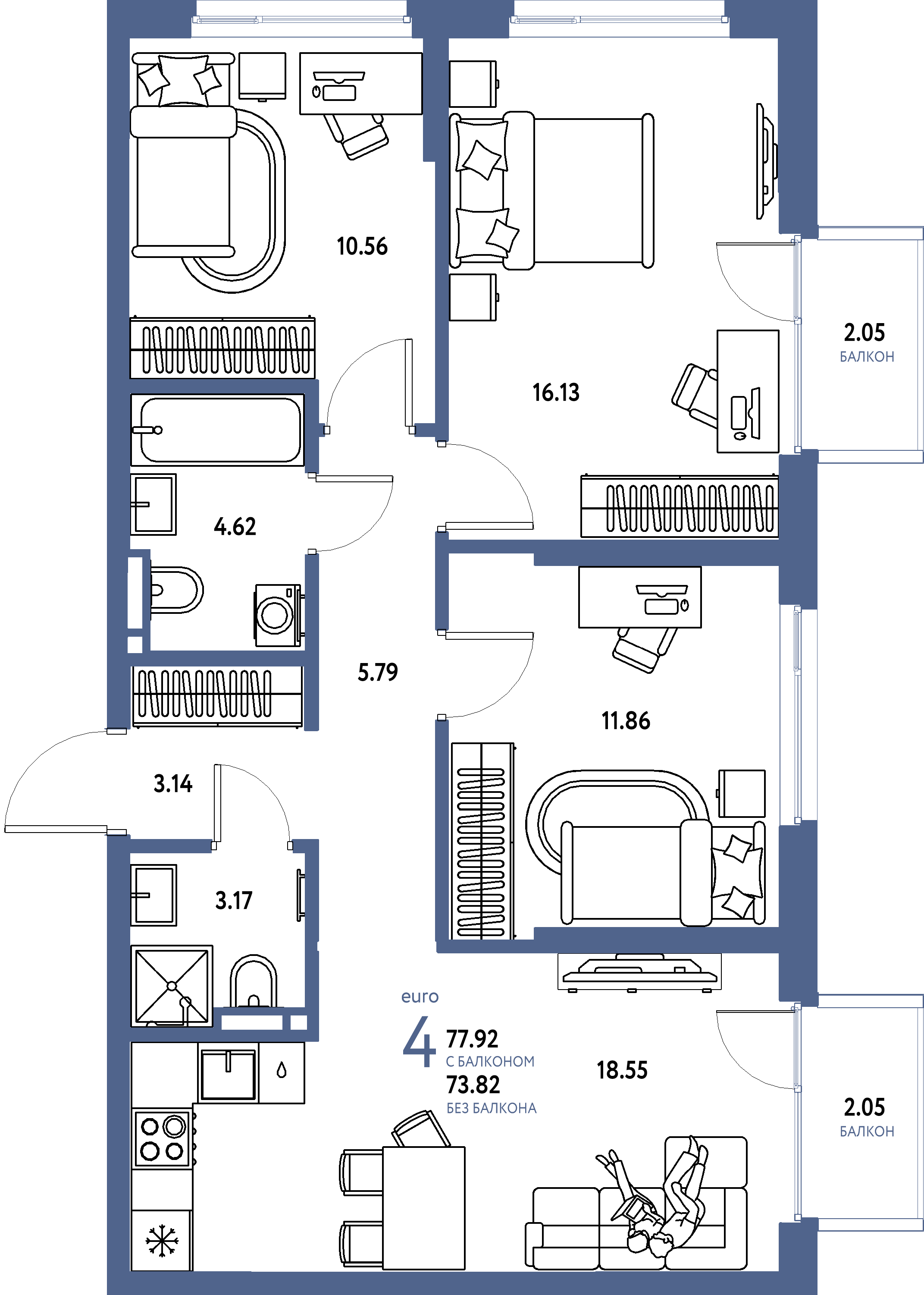 Планировка: Евро-4 77,92 м² в ЖК «Страна.Прибрежная»