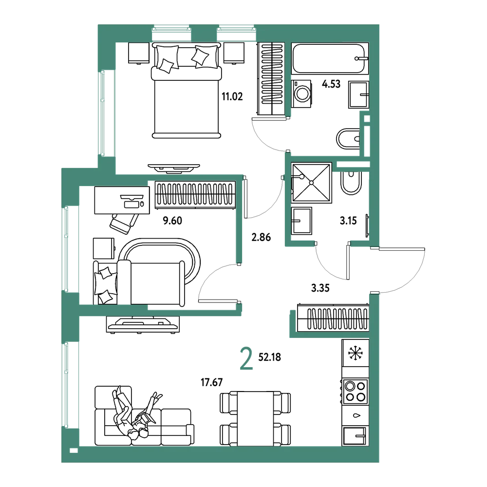 Планировка: 2-комнатная 52,18 м²