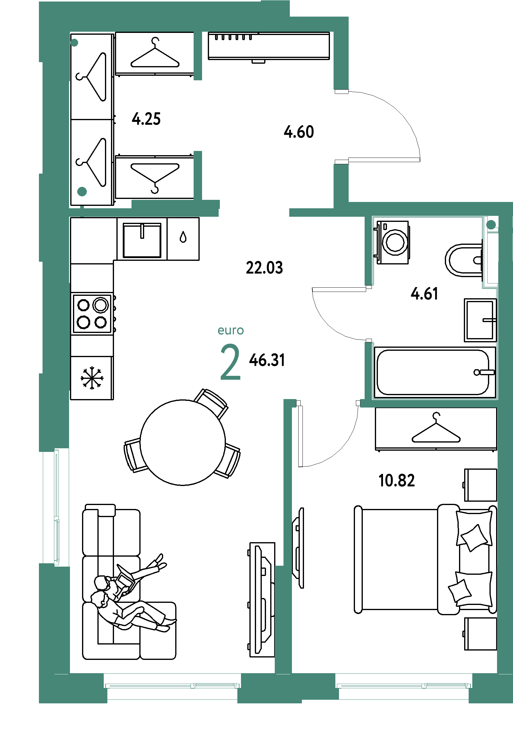 Планировка: Евродвушка 46,31 м² в ЖК «Европейский берег 2.0»