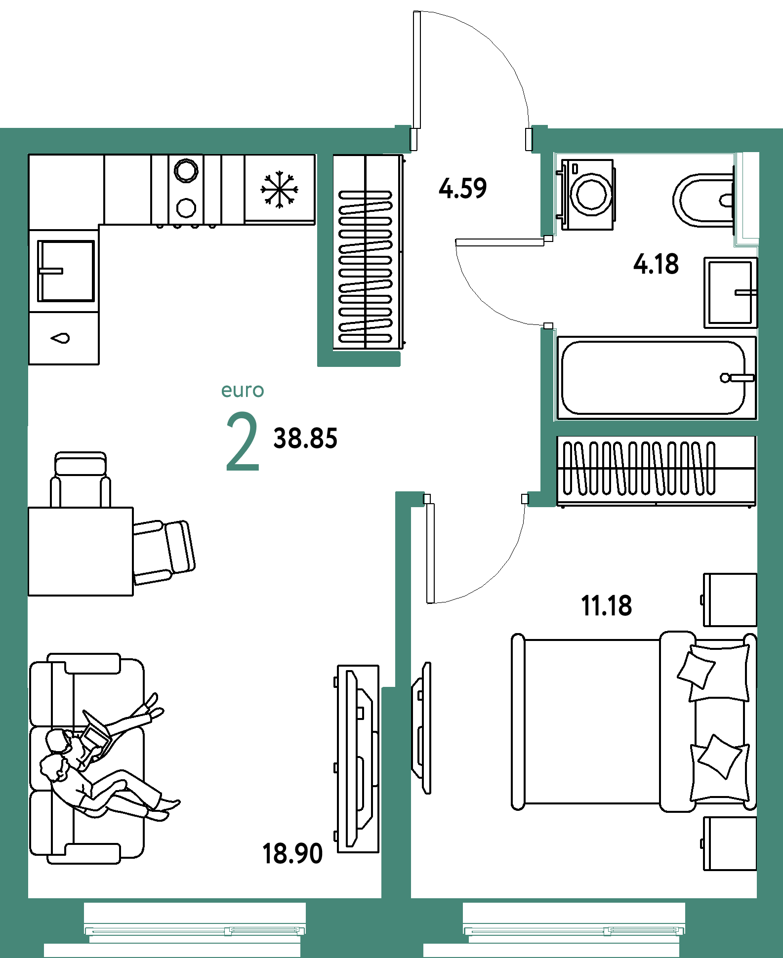 Планировка: Евродвушка 38,83 м² в ЖК «Остров-сад»