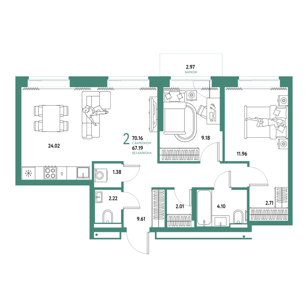 Планировка: Евротрёшка 70,16 м²