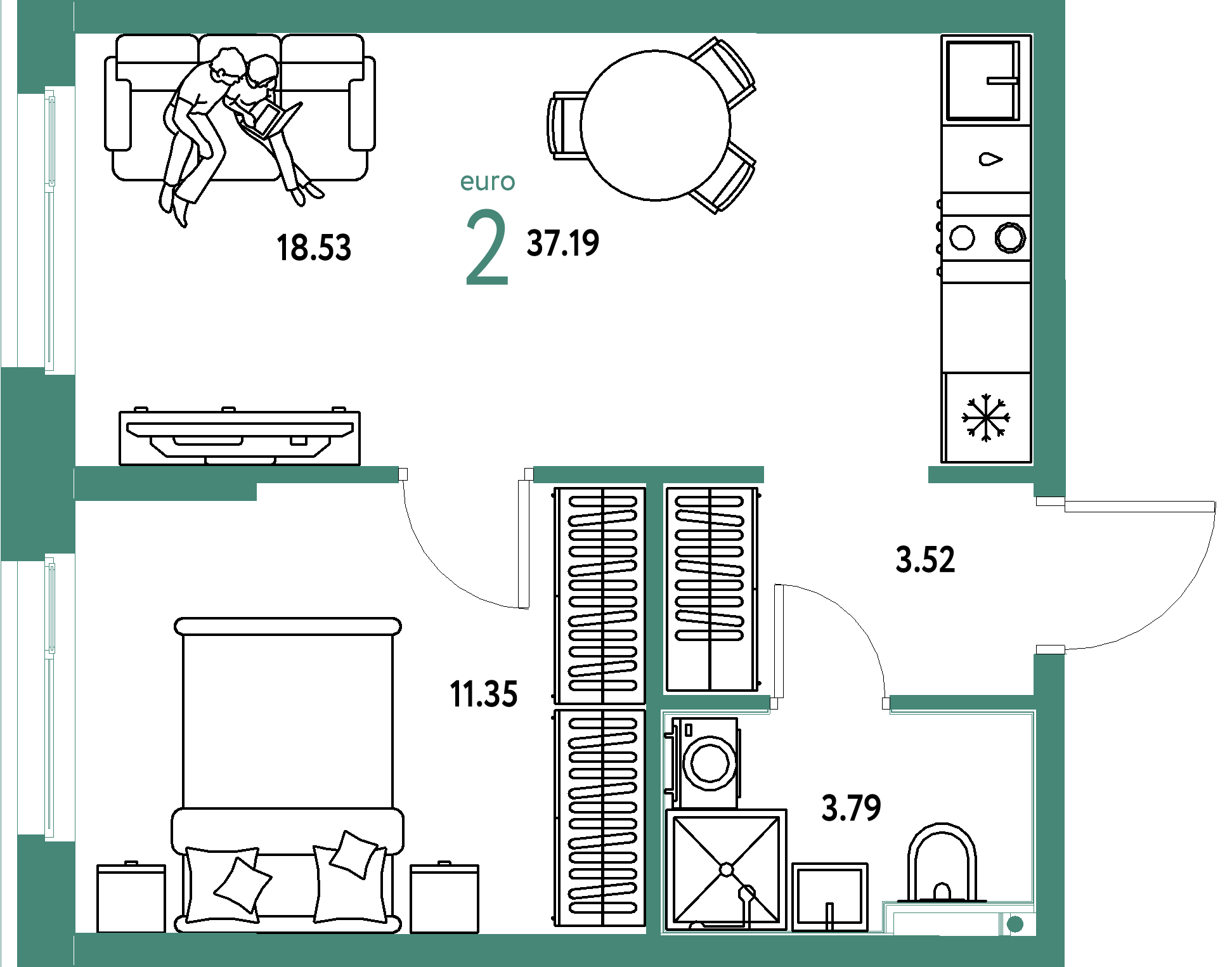 Планировка: Евродвушка 37,19 м² в ЖК «Домашний»