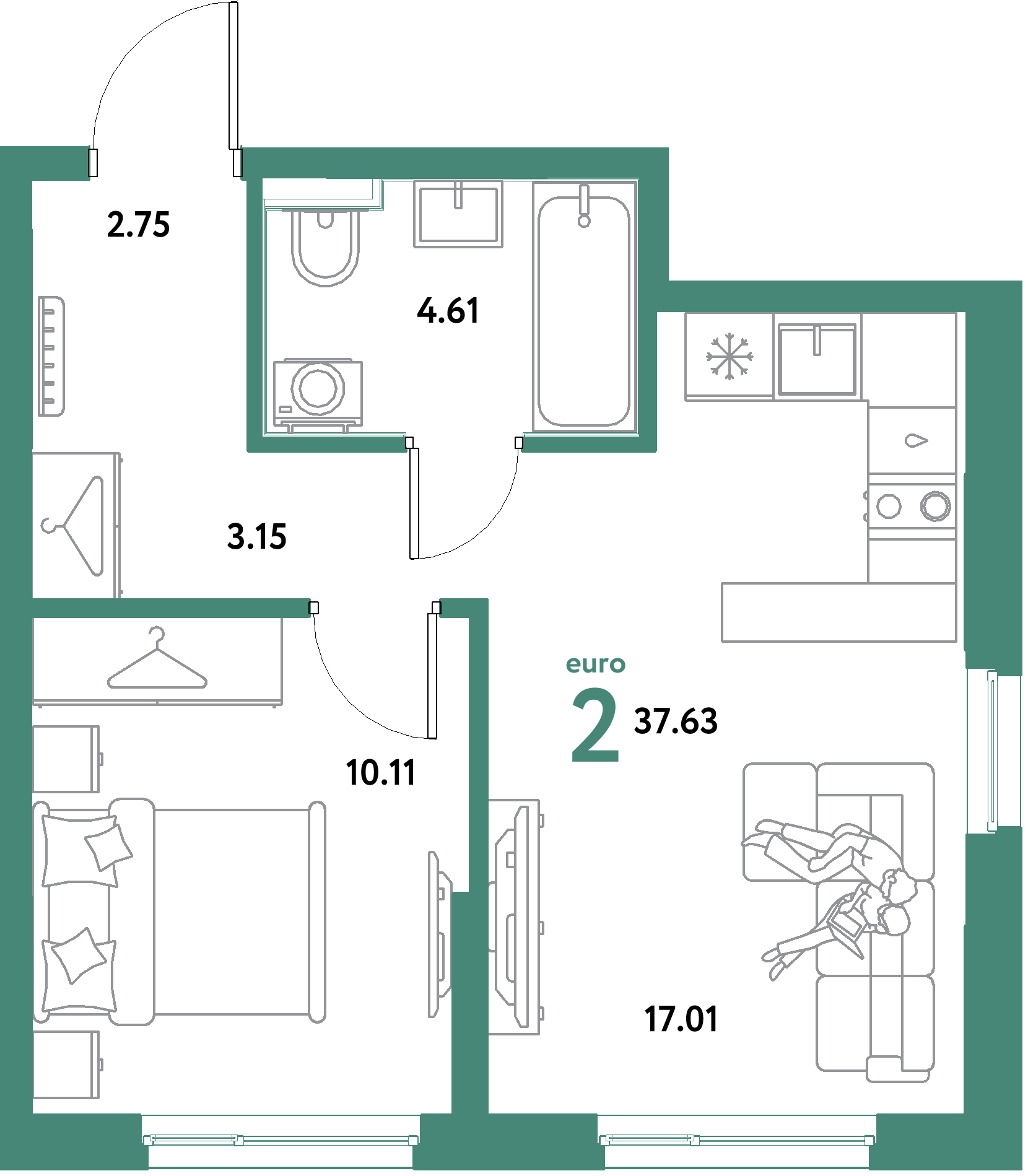 Планировка: Евродвушка 37,63 м² в ЖК «Остров-сад»