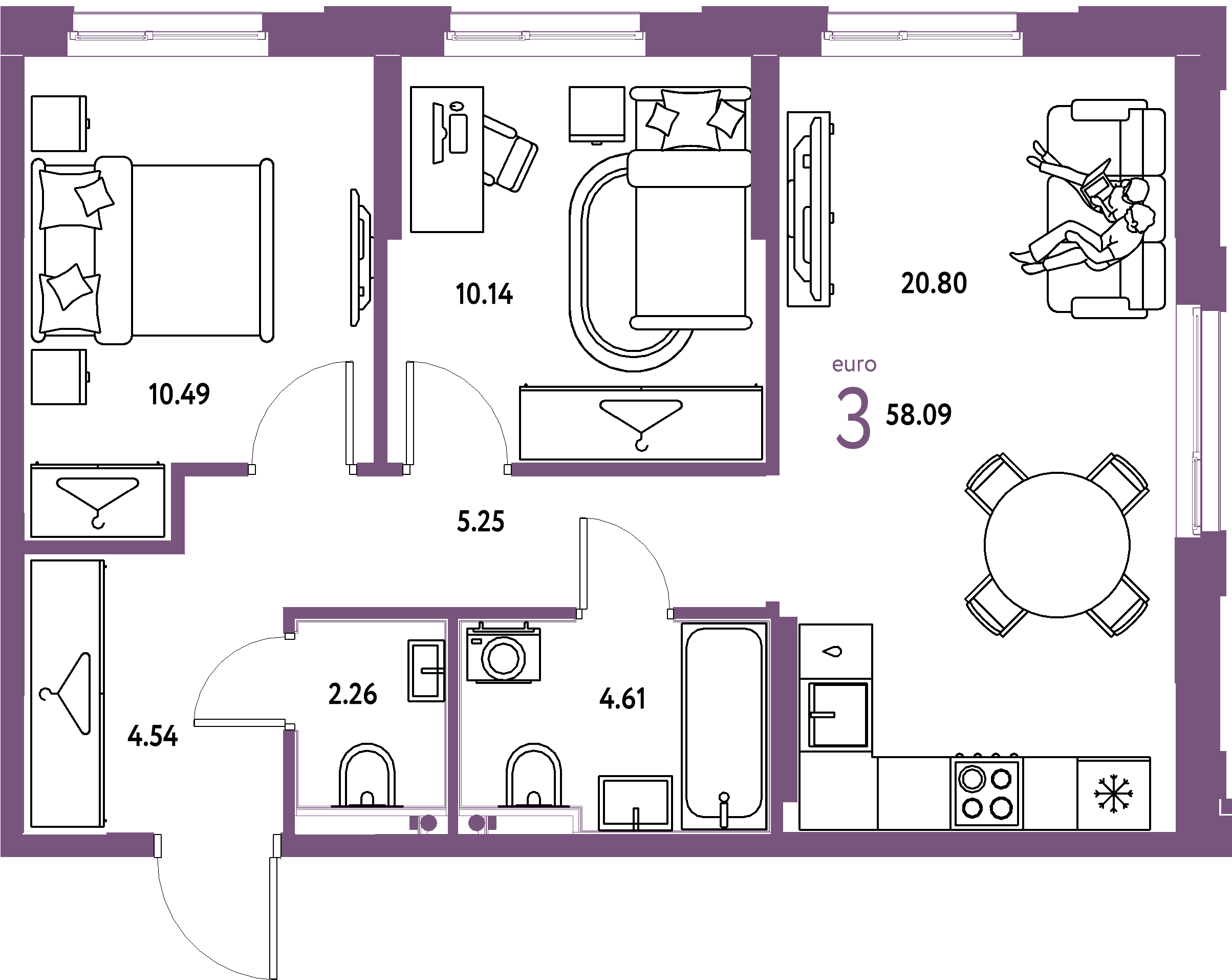 Планировка: Евротрёшка 58,09 м² в ЖК «Европейский берег 2.0»
