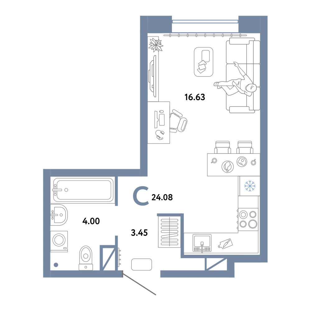 Планировка: Студия 24,08 м²