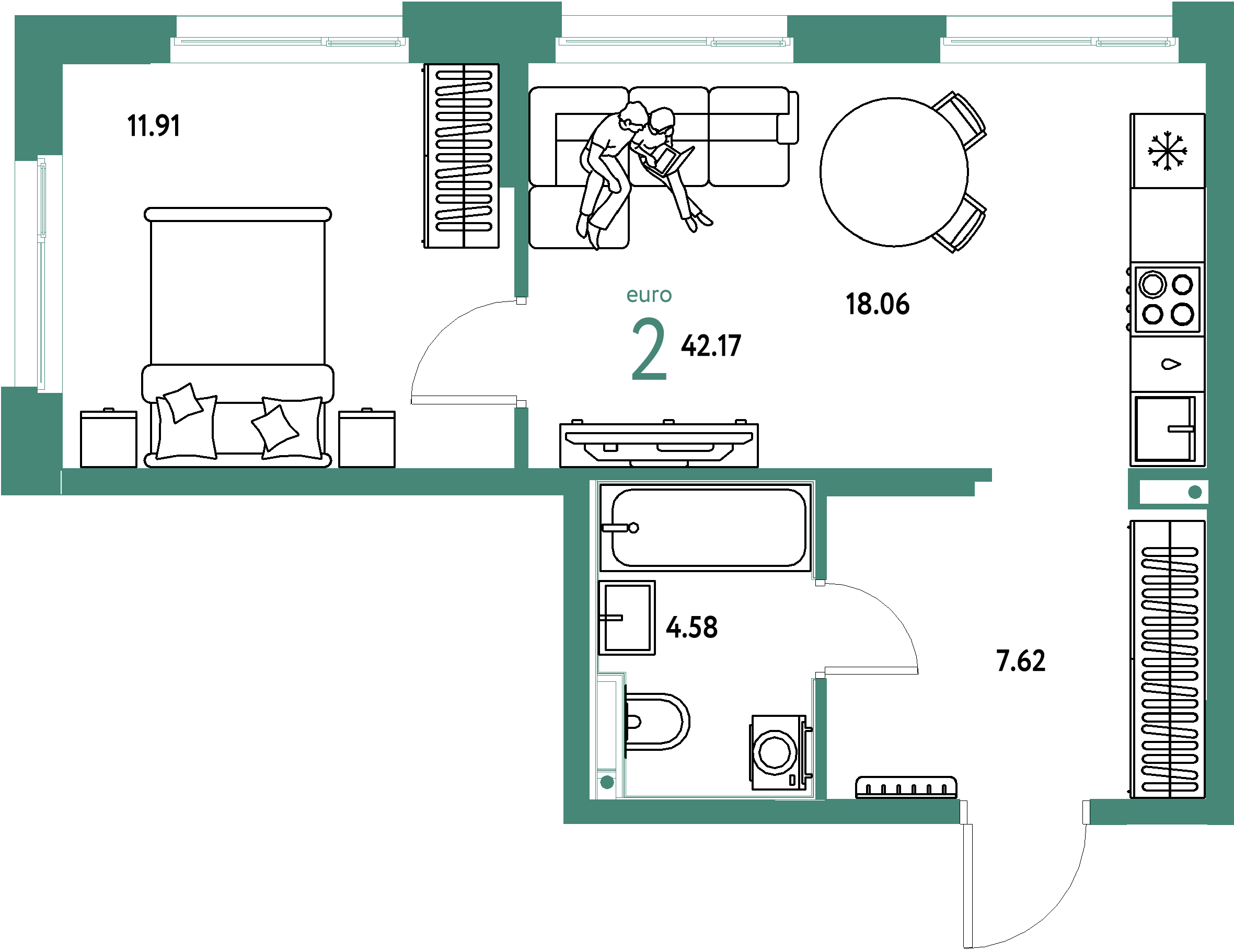 Планировка: Евродвушка 42,17 м² в ЖК «Домашний»