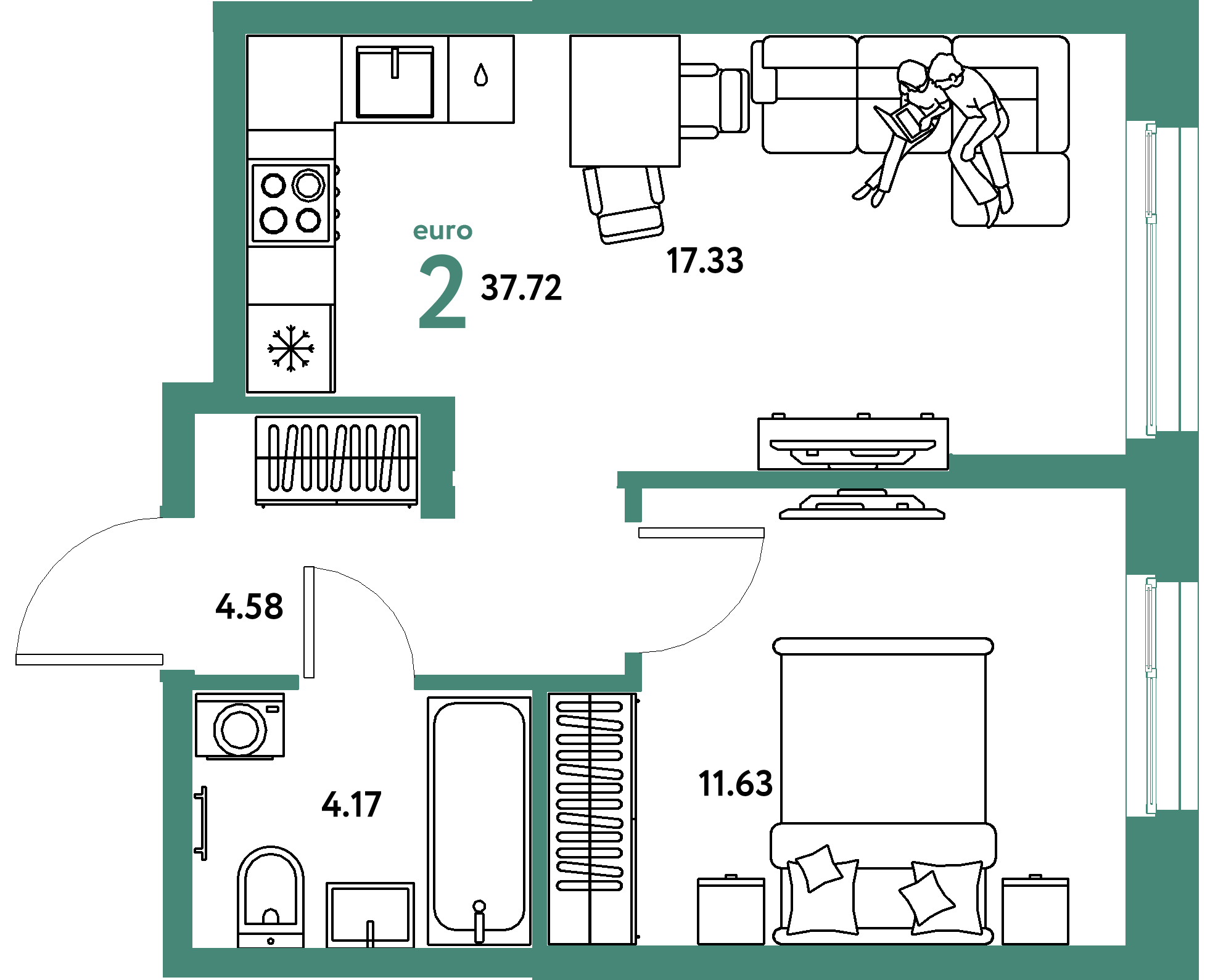 Планировка: Евродвушка 37,72 м² в ЖК «Европейский берег 2.0»