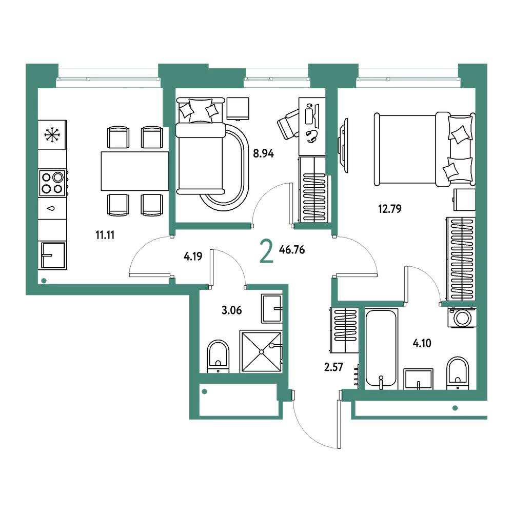 Планировка: 2-комнатная 46,76 м²