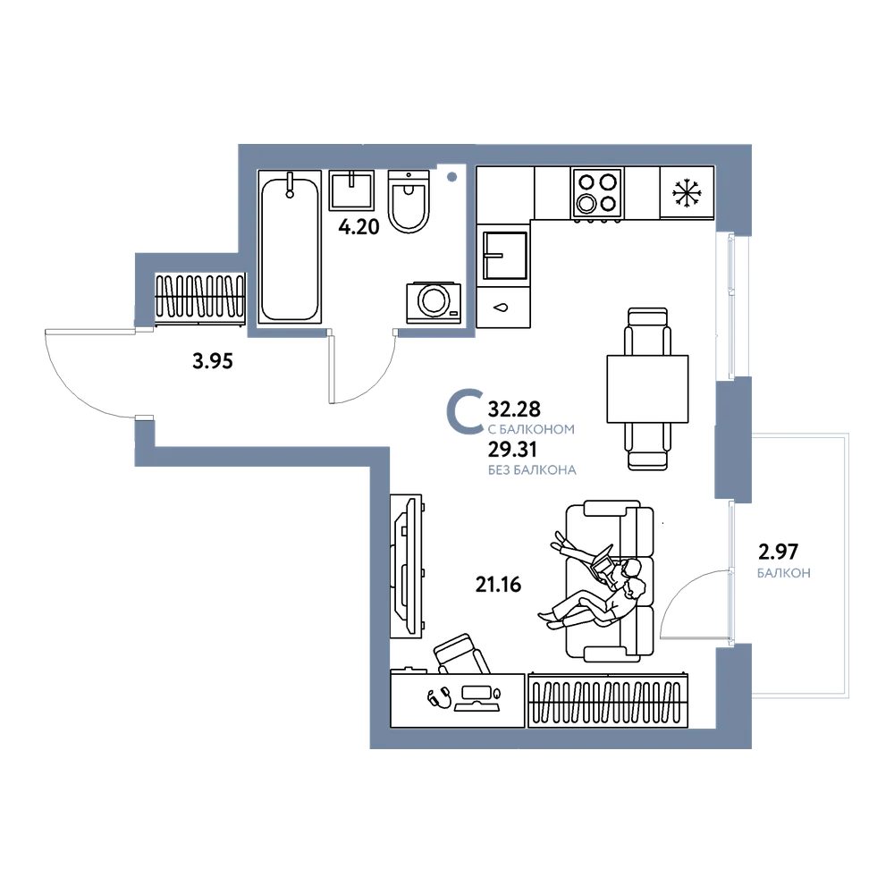 Планировка: Студия 32,28 м²
