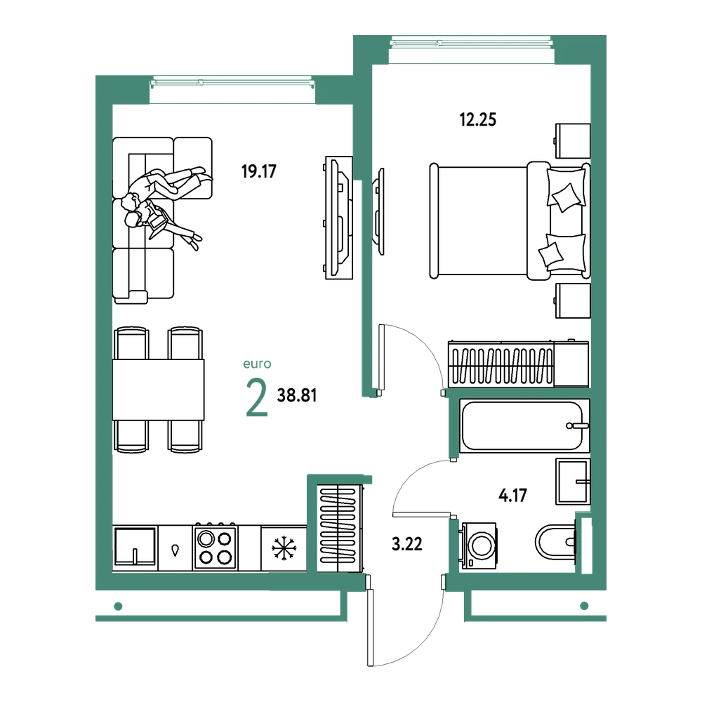 Планировка: Евродвушка 38,81 м²